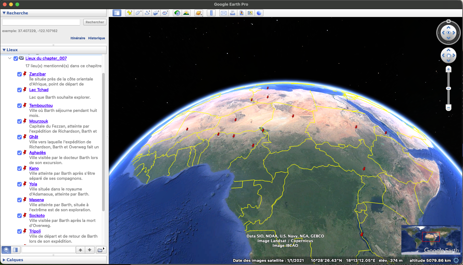 Les lieux du chapitre dans Google Earth