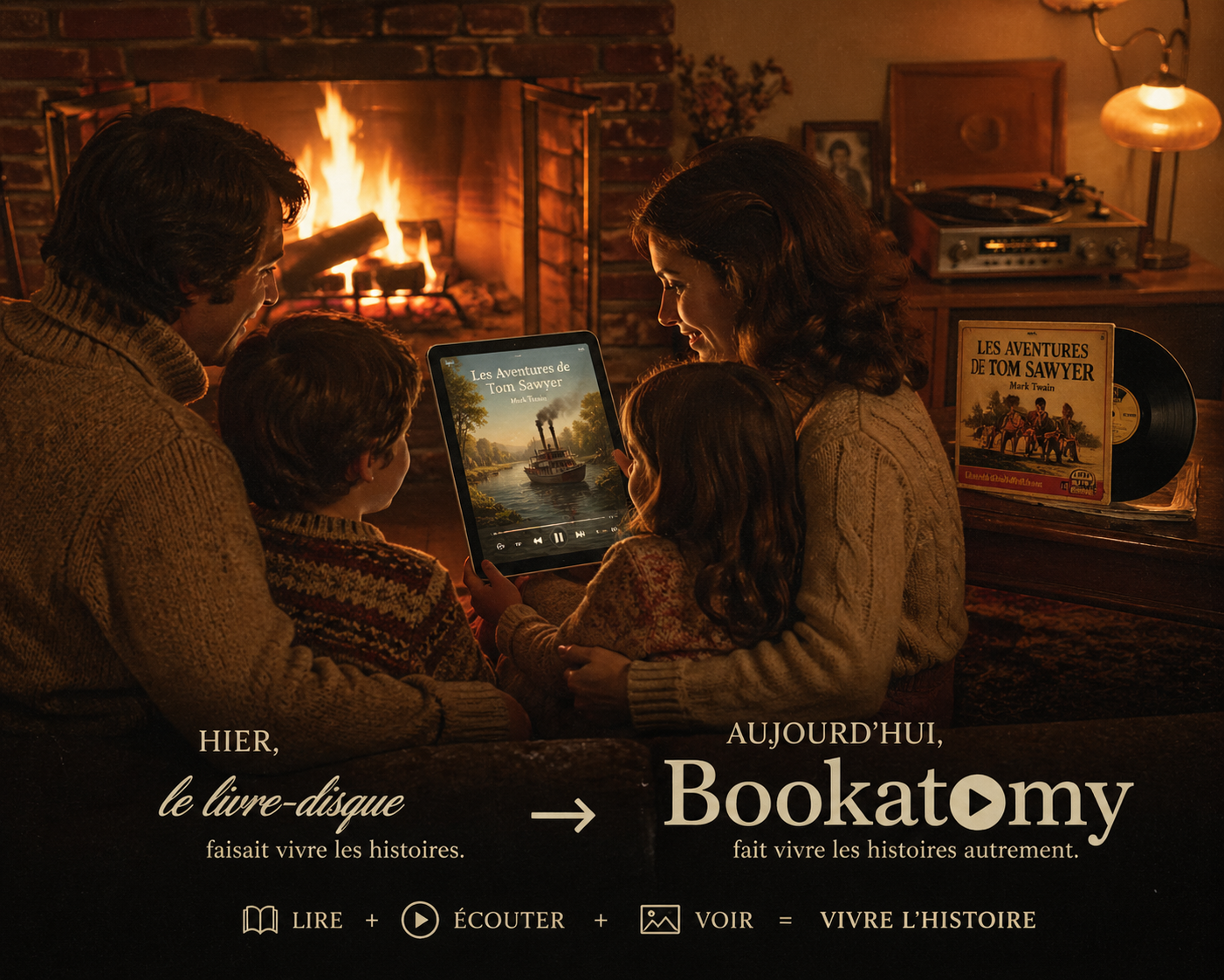 Hier le livre-disque, aujourd'hui Bookatomy — famille lisant au coin du feu