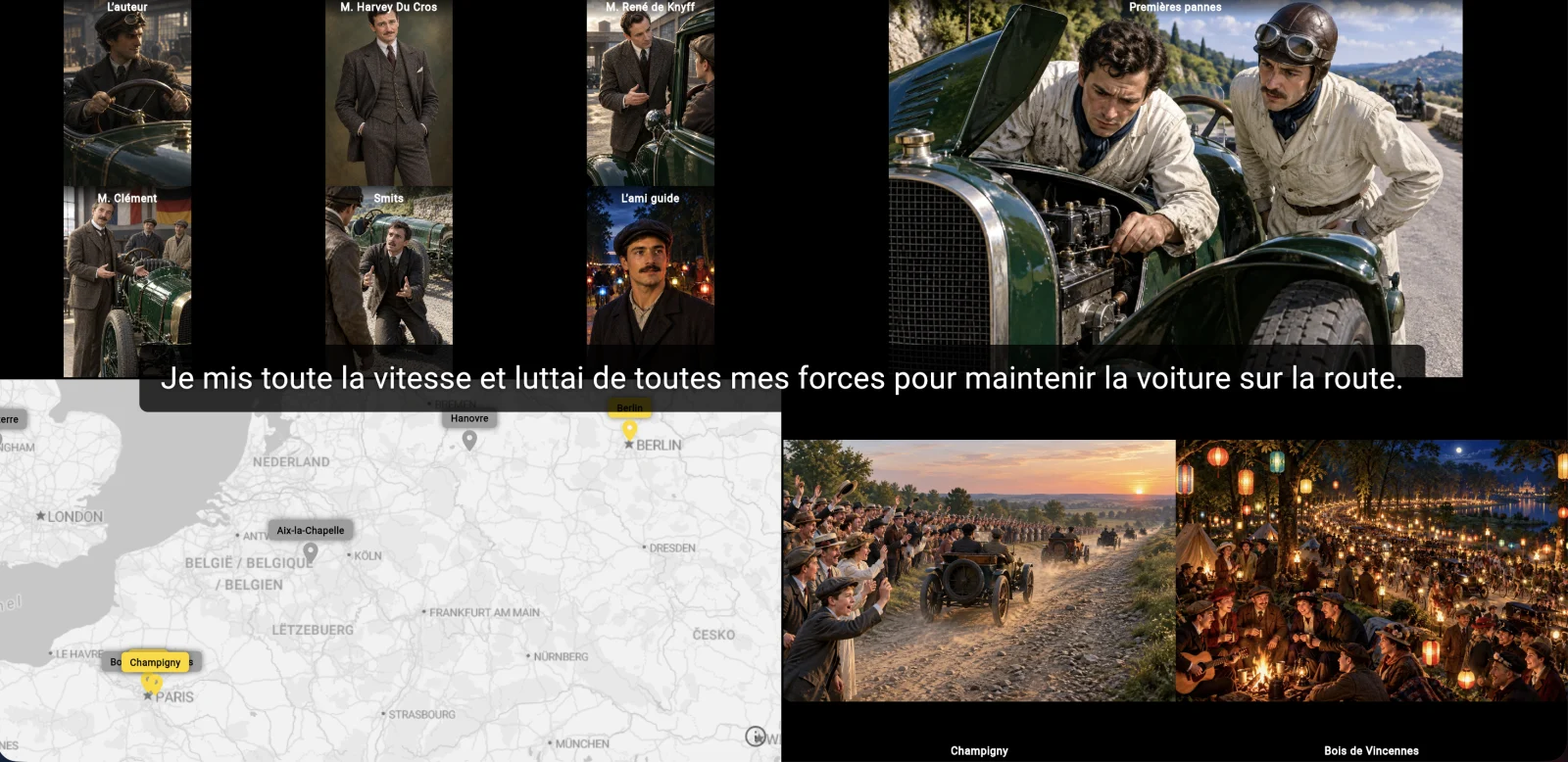 Mode Cinéma de Bookatomy : personnages, évènement, carte et lieux en plein écran, avec le texte narré en sous-titre