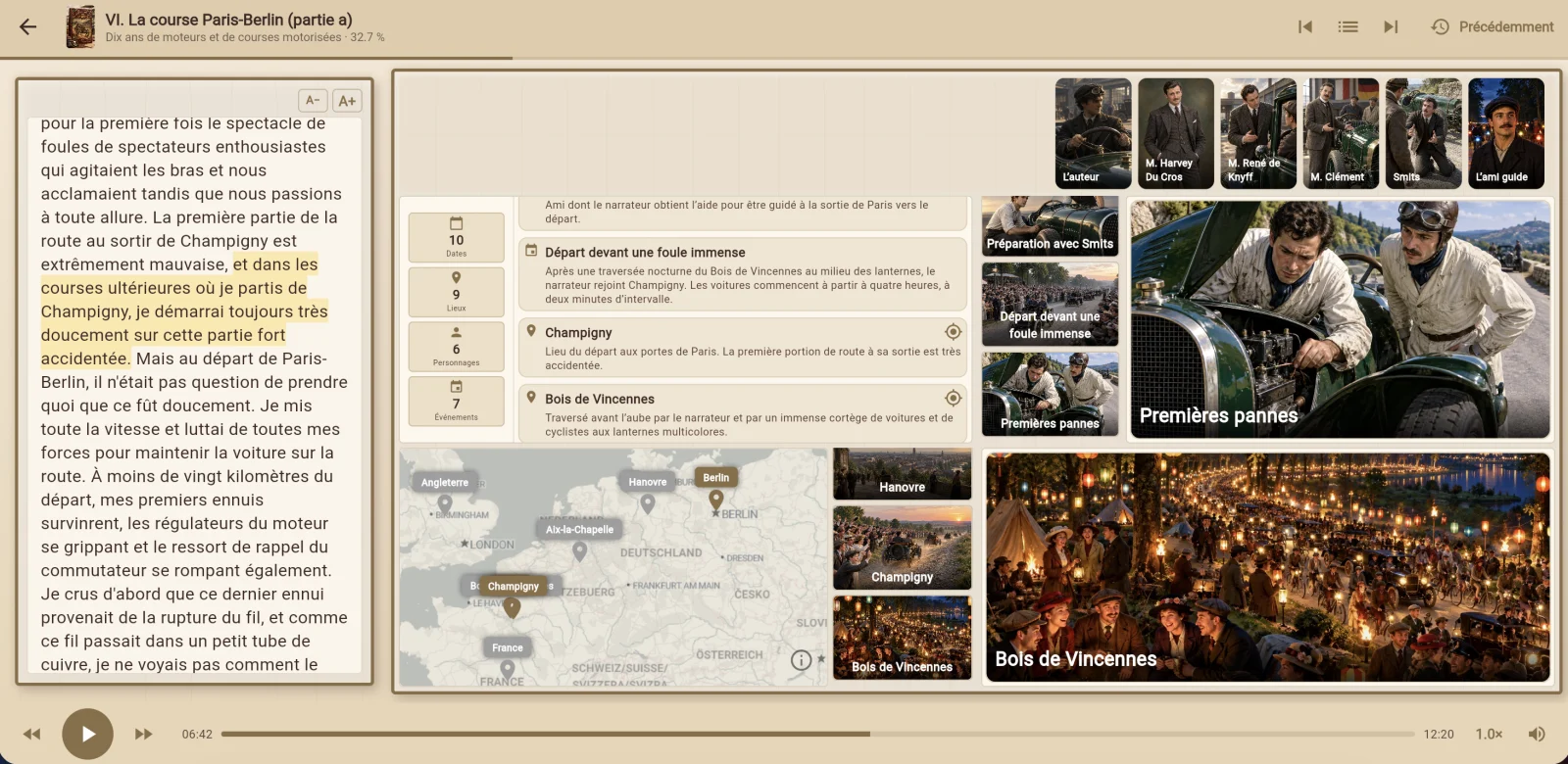 Mode Interactif de Bookatomy : le texte à gauche, et à droite les personnages illustrés, les évènements, les lieux et la carte