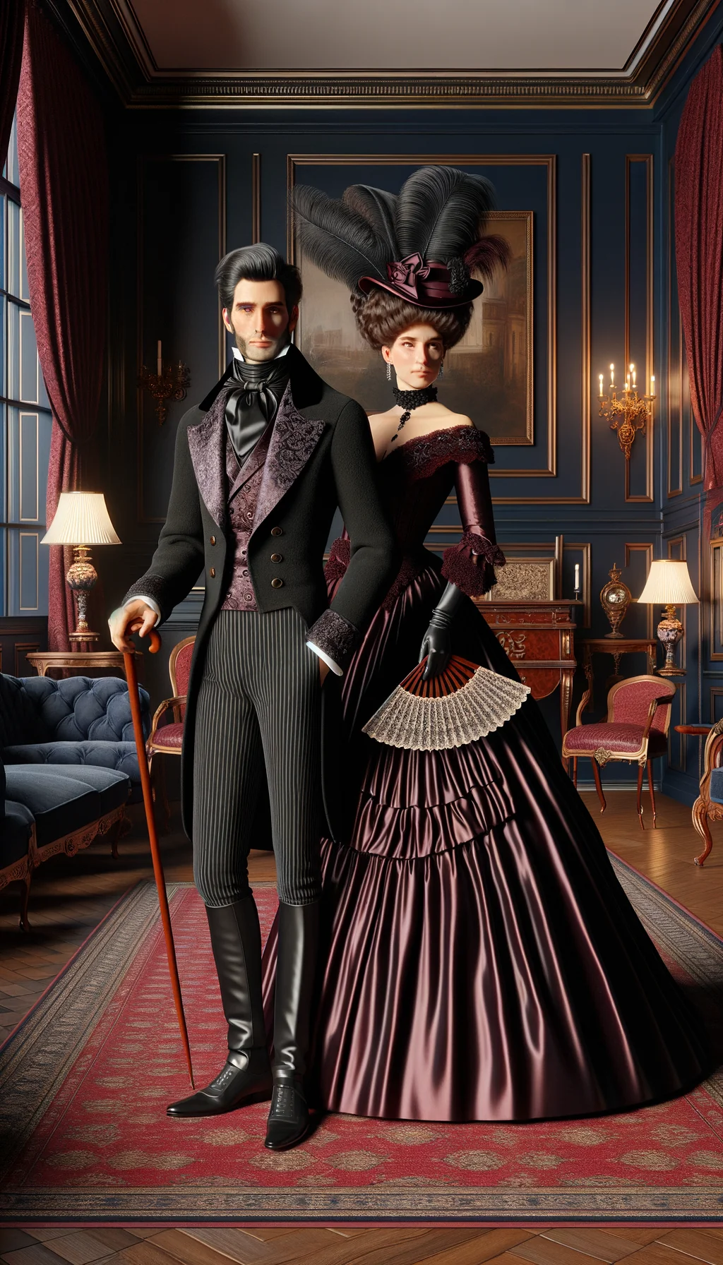 Portrait en pied d'un couple bourgeois en costumes victoriens