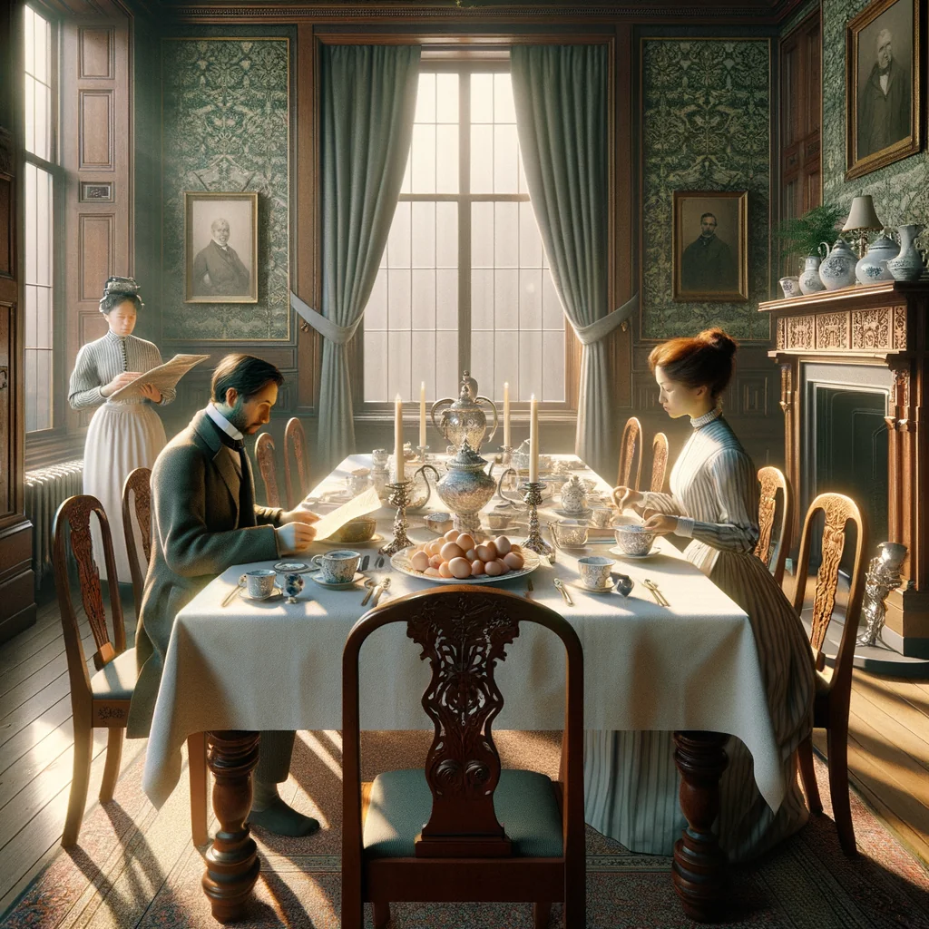 Petit-déjeuner d'une famille bourgeoise victorienne dans une salle à manger en acajou