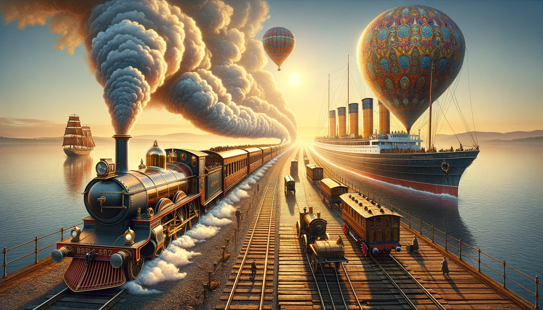 Locomotive à vapeur Rocket de Stephenson, navire à vapeur et ballon au XIXe siècle