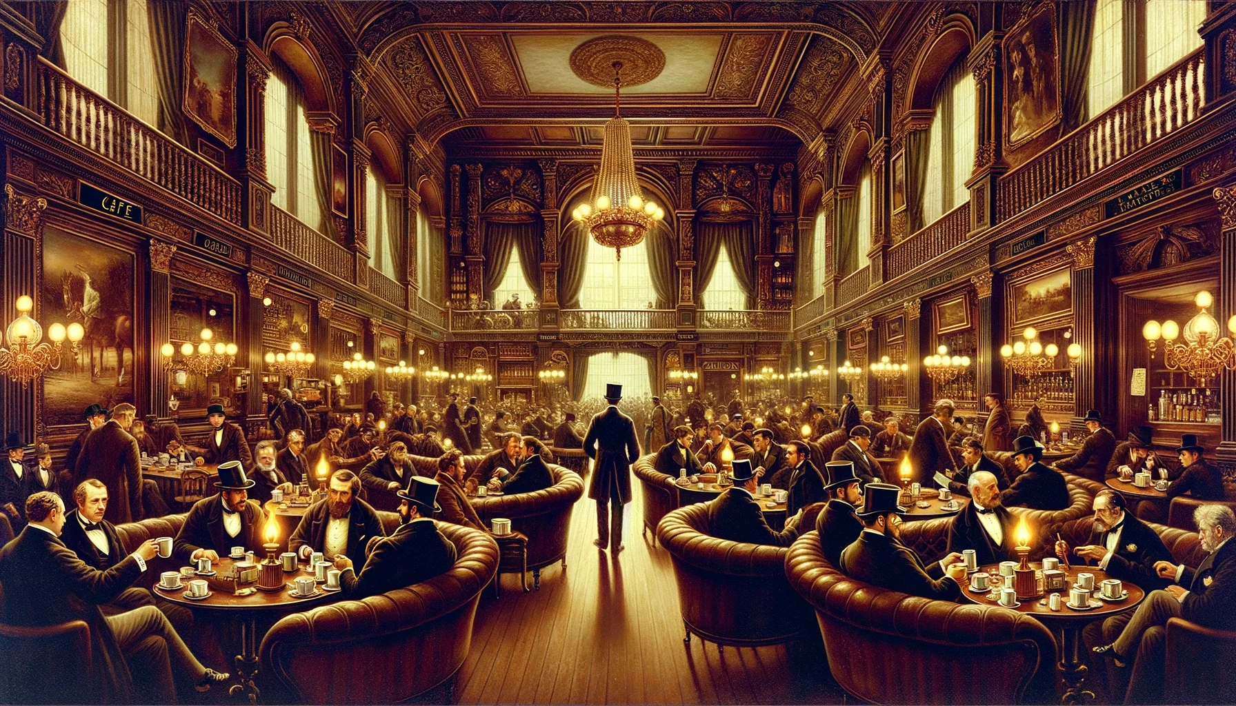 Intérieur animé d'un café londonien avec boiseries sombres et banquettes en cuir