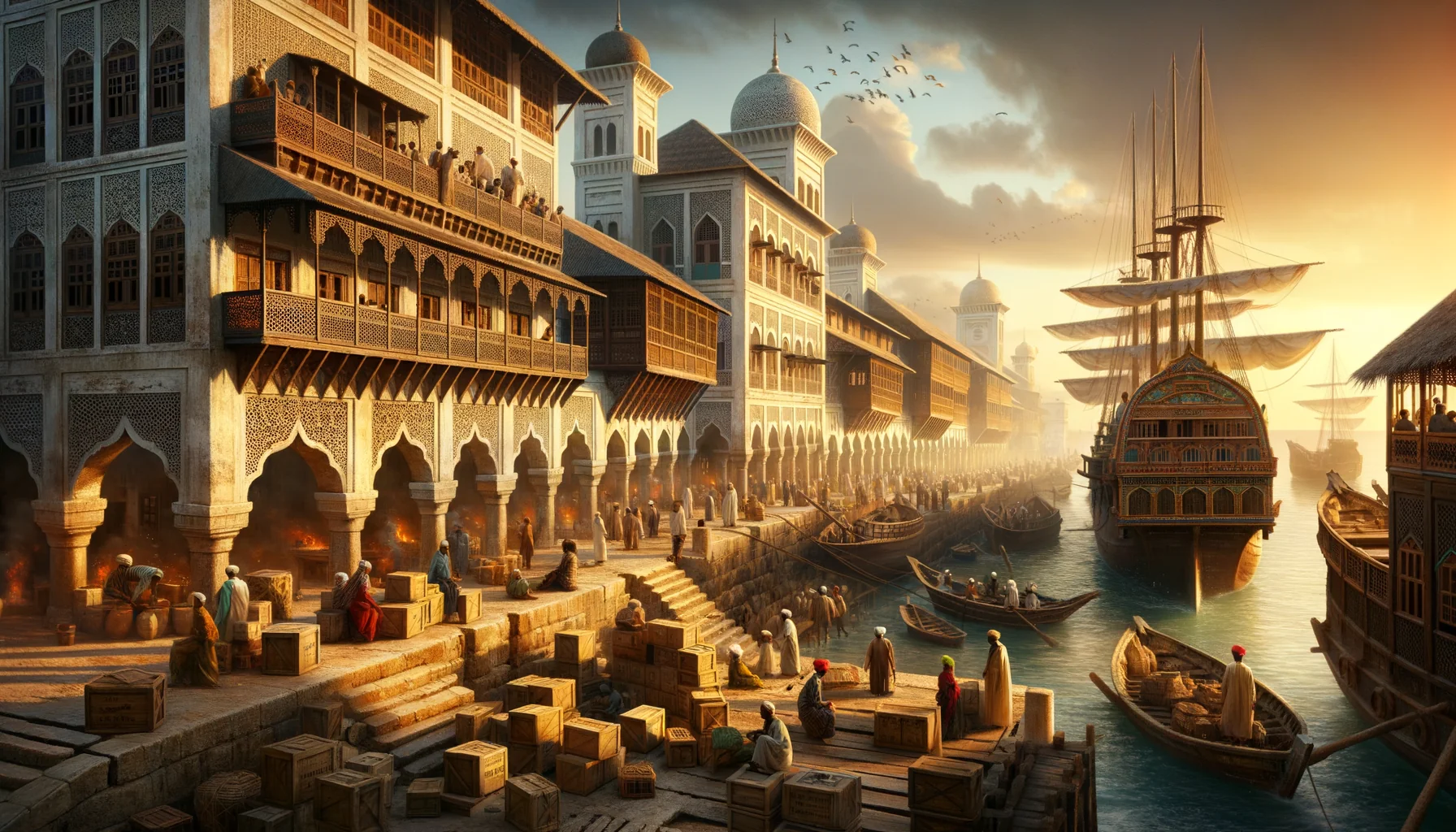 Port animé de Zanzibar avec navires à vapeur et boutres traditionnels