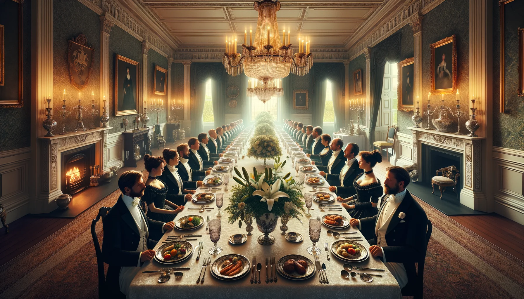 Grand dîner bourgeois victorien avec table dressée en damas blanc et cristal