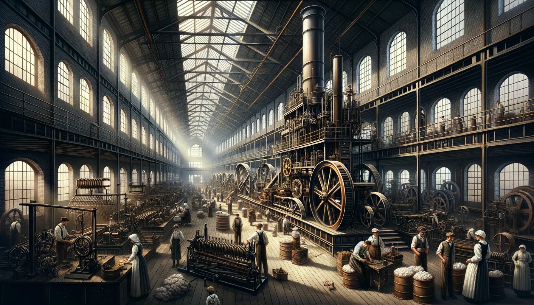 Intérieur d'une usine industrielle à Manchester avec machines à vapeur au XIXe siècle