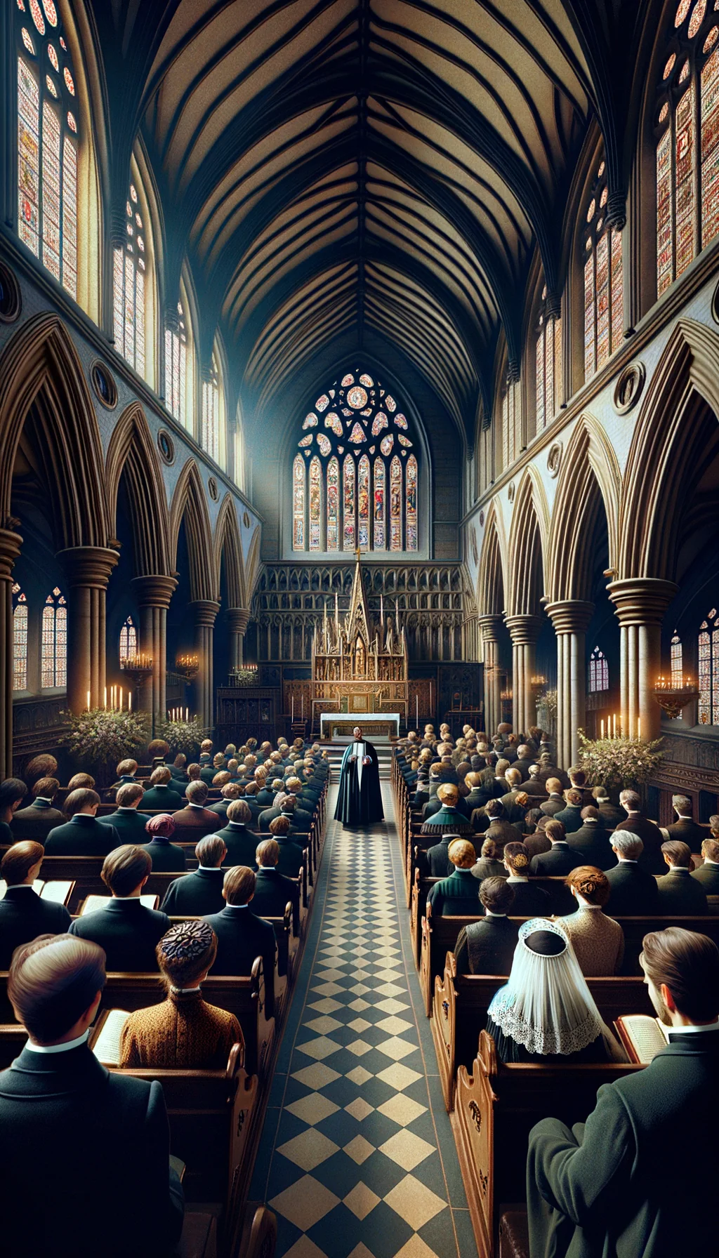 Office anglicane dans une église néo-gothique victorienne au XIXe siècle