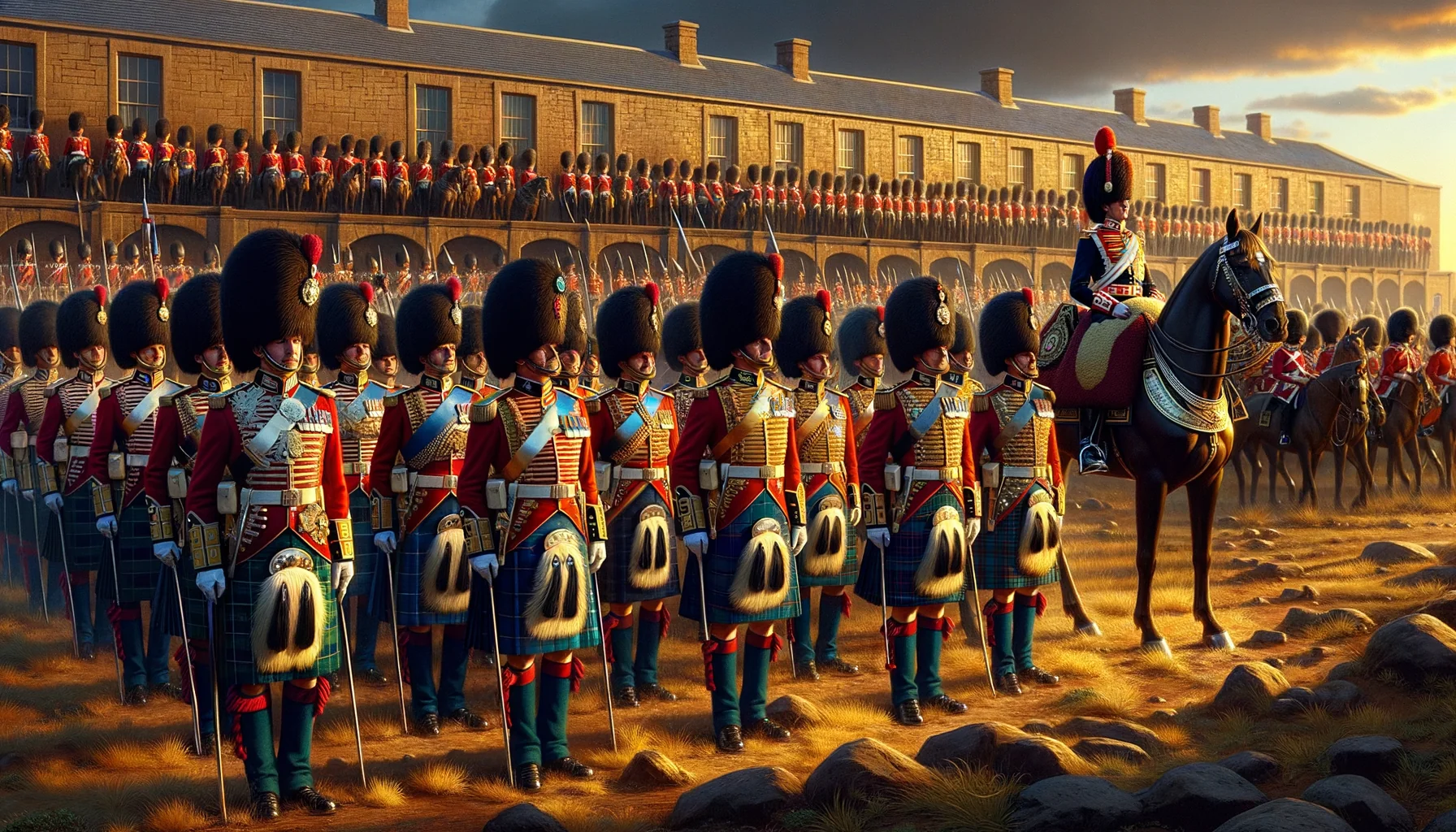 Parade militaire britannique en Afrique, soldats en vestes rouges et Highlanders en kilt