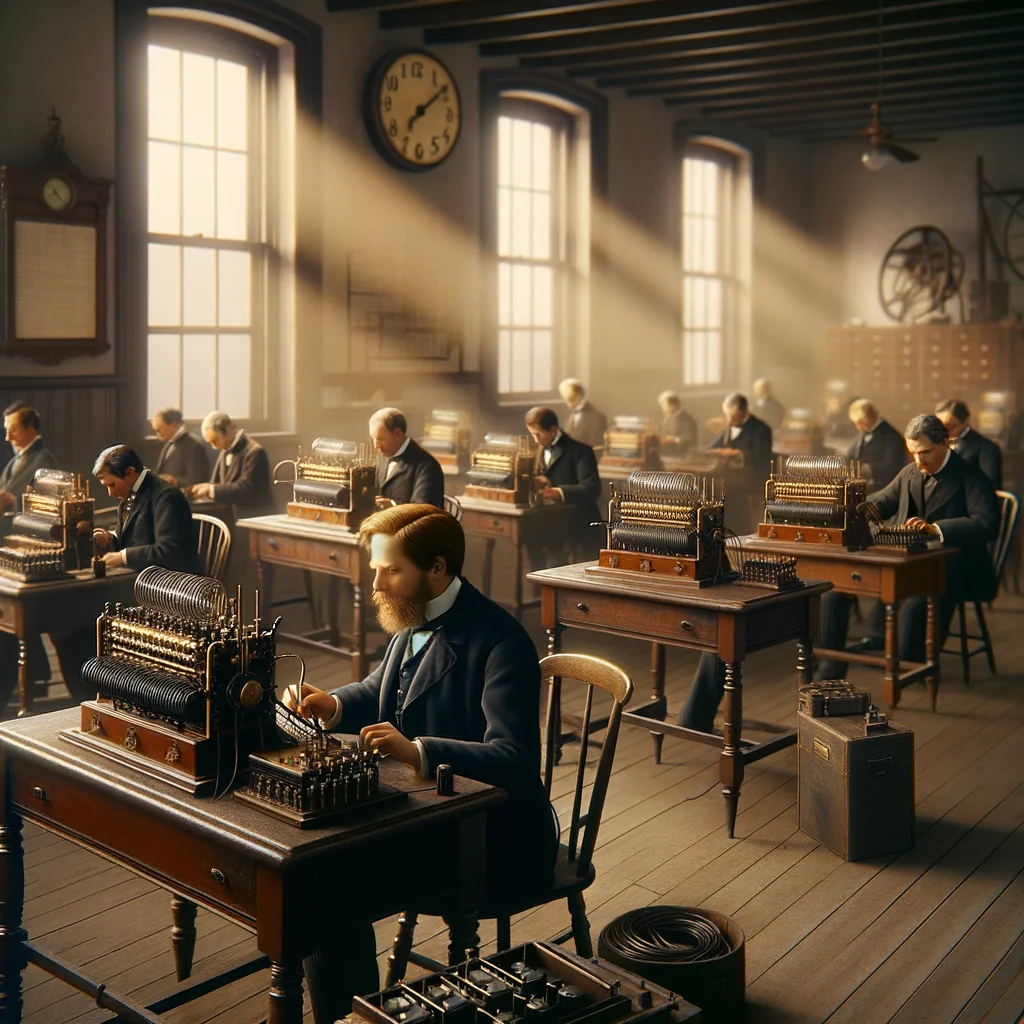 Bureau de télégraphe avec opérateurs en redingote au XIXe siècle
