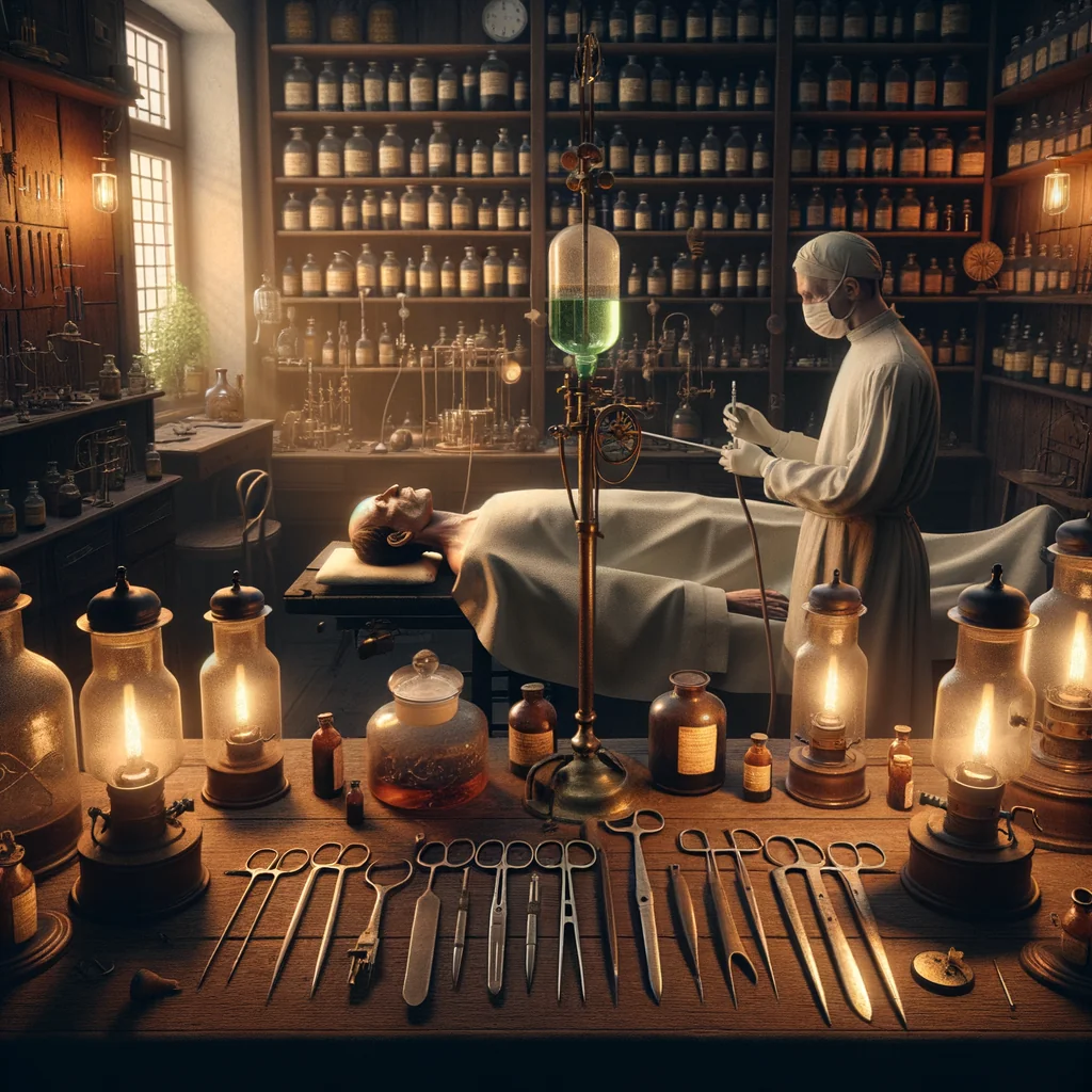 Salle d'opération au XIXe siècle avec administration d'anesthésie à l'éther