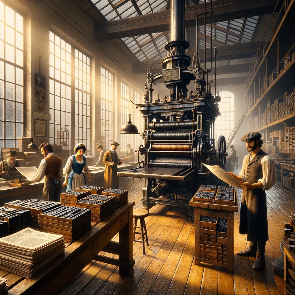 Atelier d'imprimerie parisien avec presse à vapeur et compositeurs au XIXe siècle