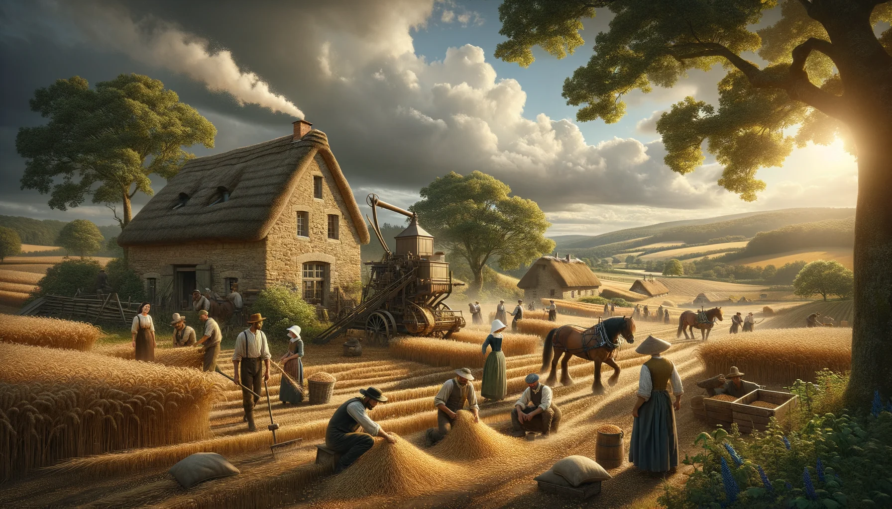 Paysage rural européen avec moisson et batteuse à vapeur au XIXe siècle