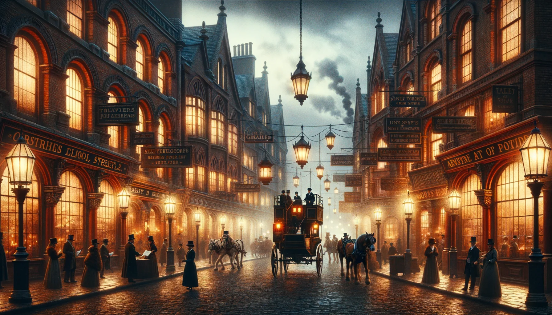 Vue panoramique d'une rue animée de Londres à la fin du XIXe siècle