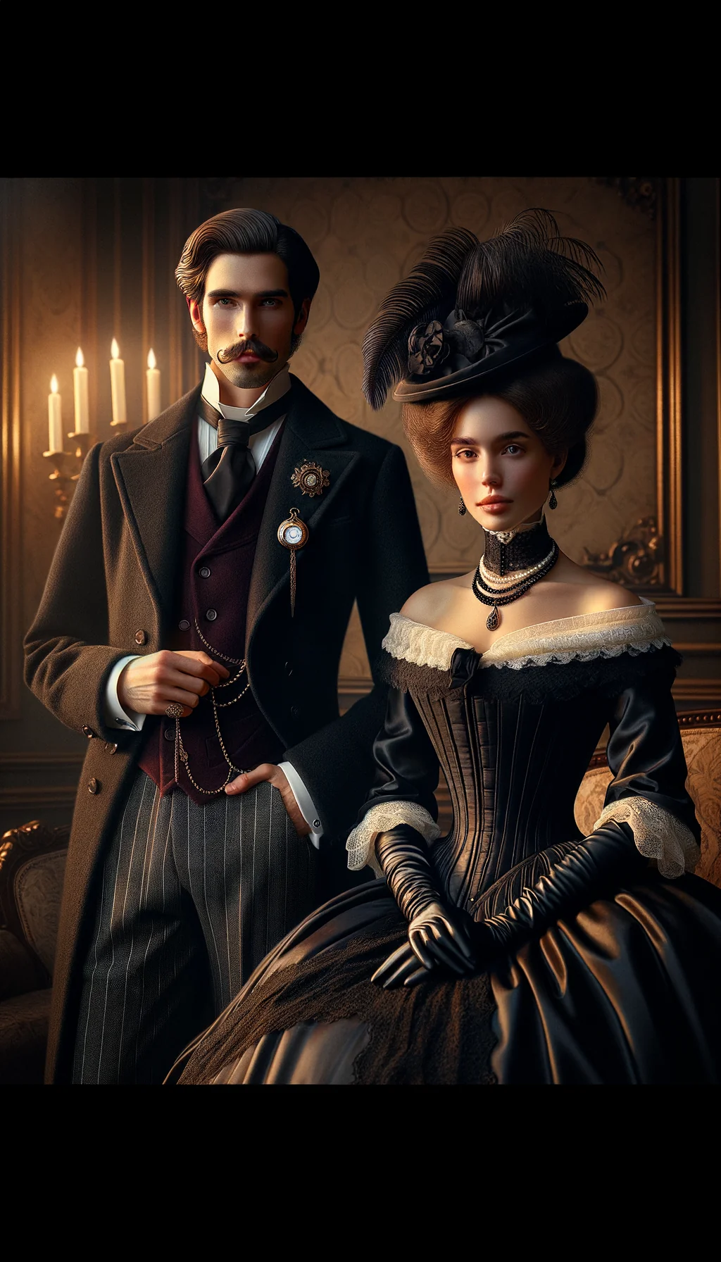 Portrait en pied d'un couple bourgeois en costumes victoriens de la fin du XIXe siècle
