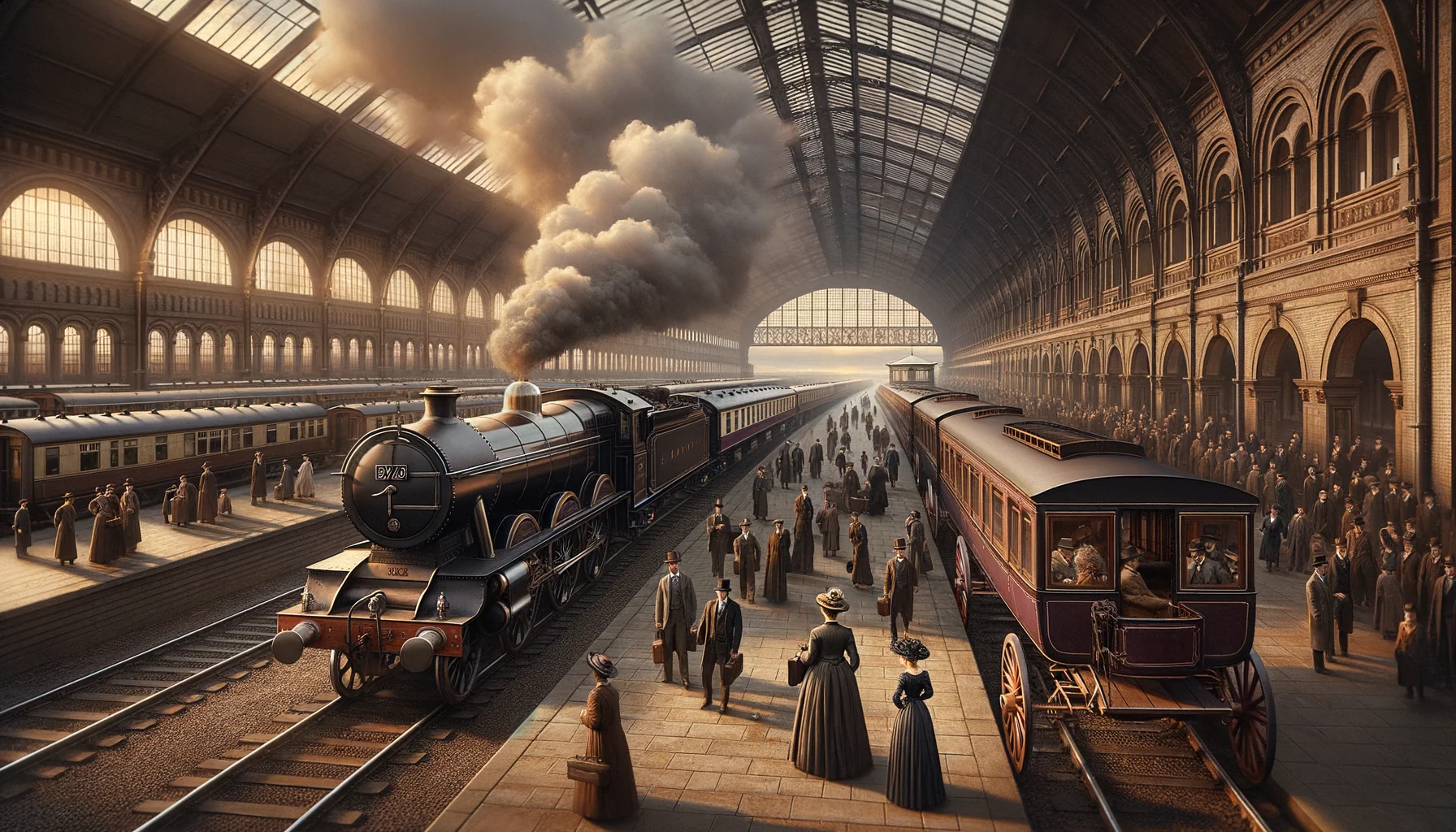 Gare victorienne avec locomotive à vapeur et diligence tirée par des chevaux