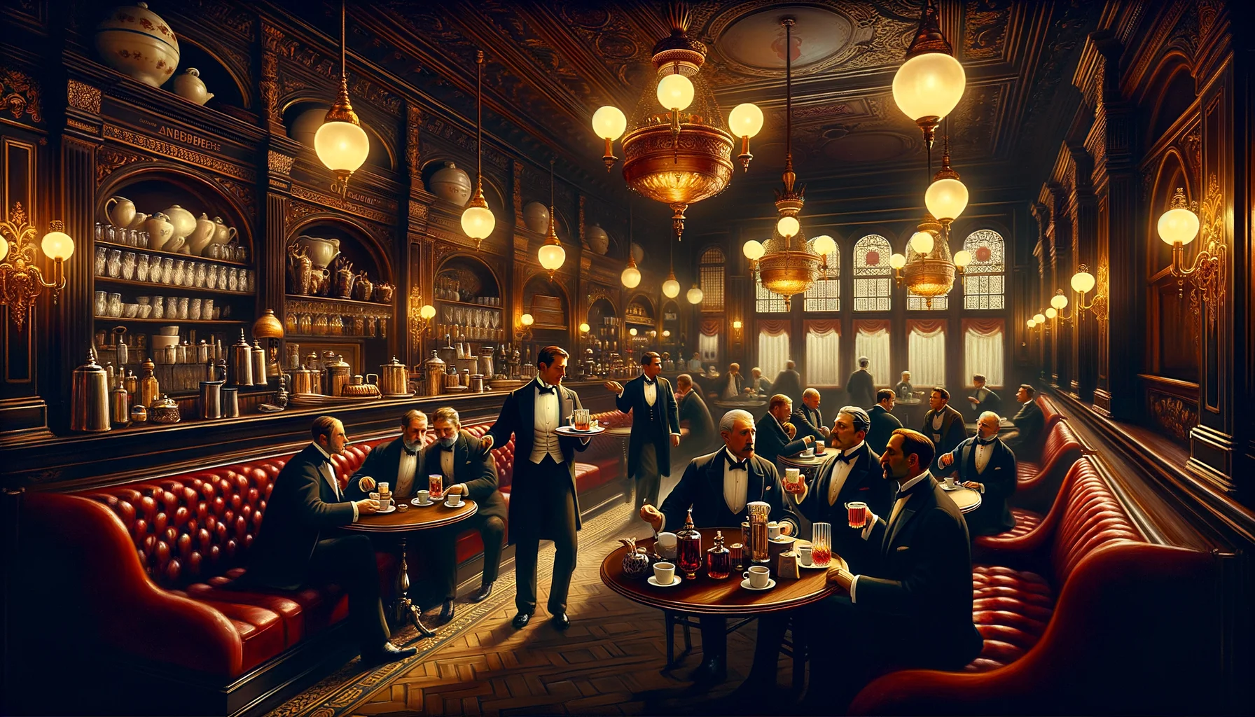 Intérieur d'un café londonien victorien avec comptoirs en bois sombre et banquettes en velours