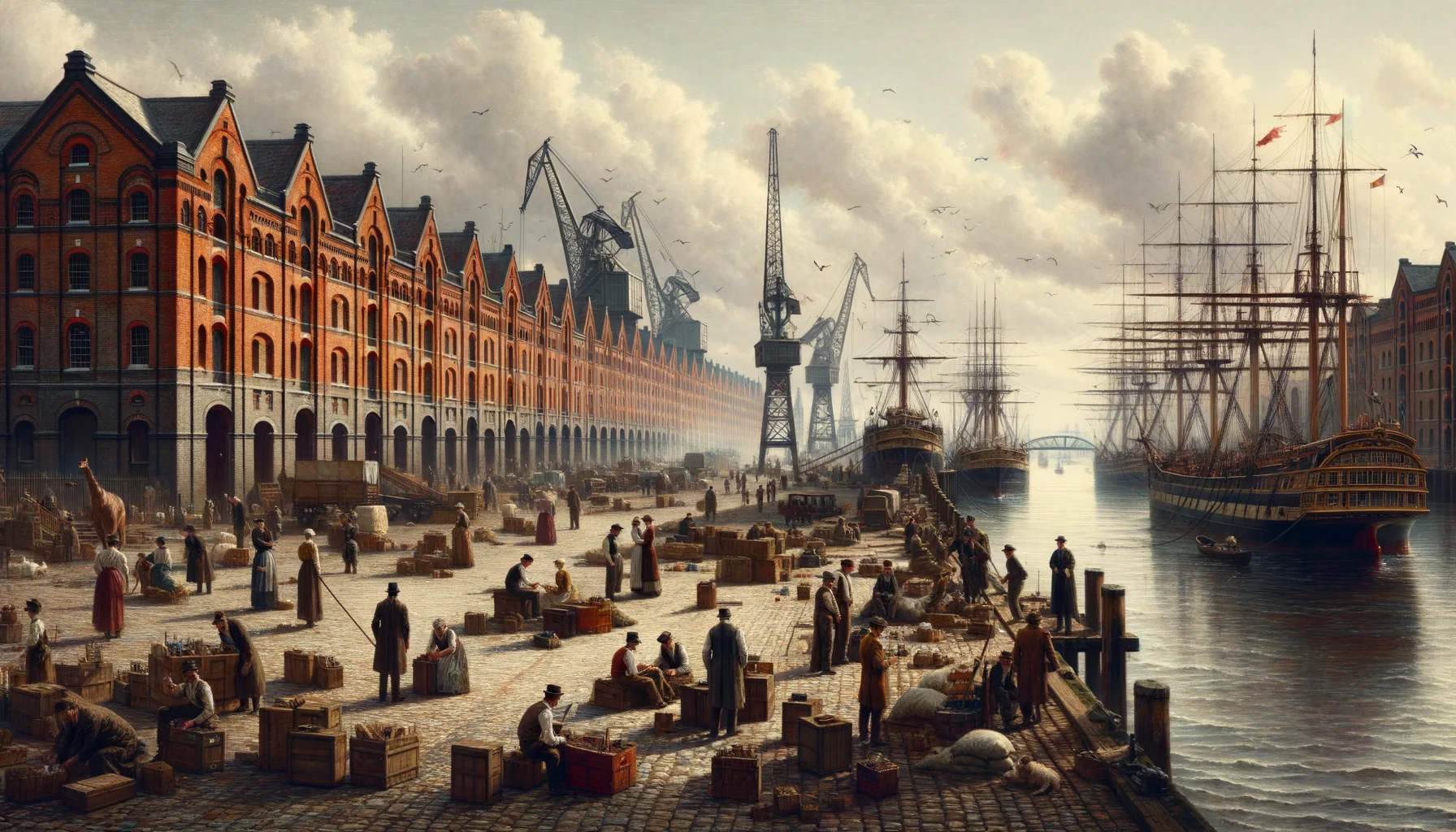 Port de Londres victorien sur la Tamise avec navires à vapeur et entrepôts en briques rouges