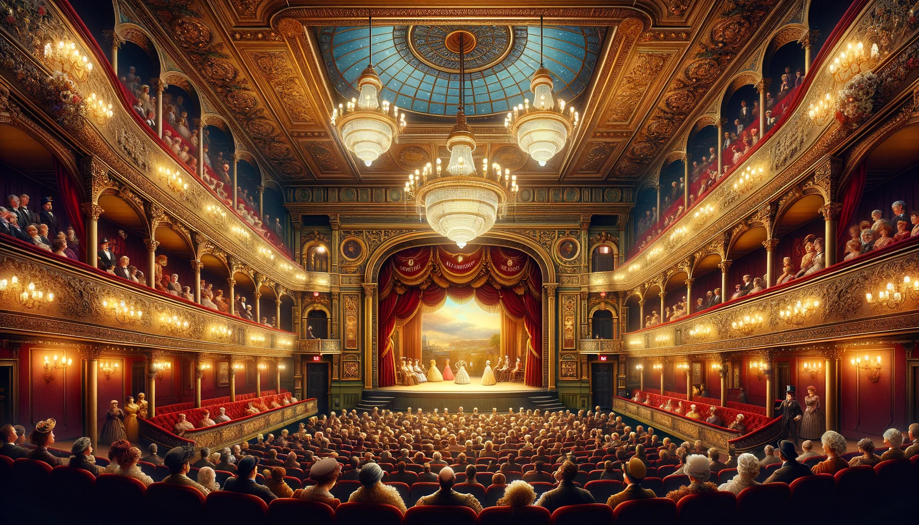 Intérieur du Theatre Royal Drury Lane avec loges en velours rouge et lustres en cristal