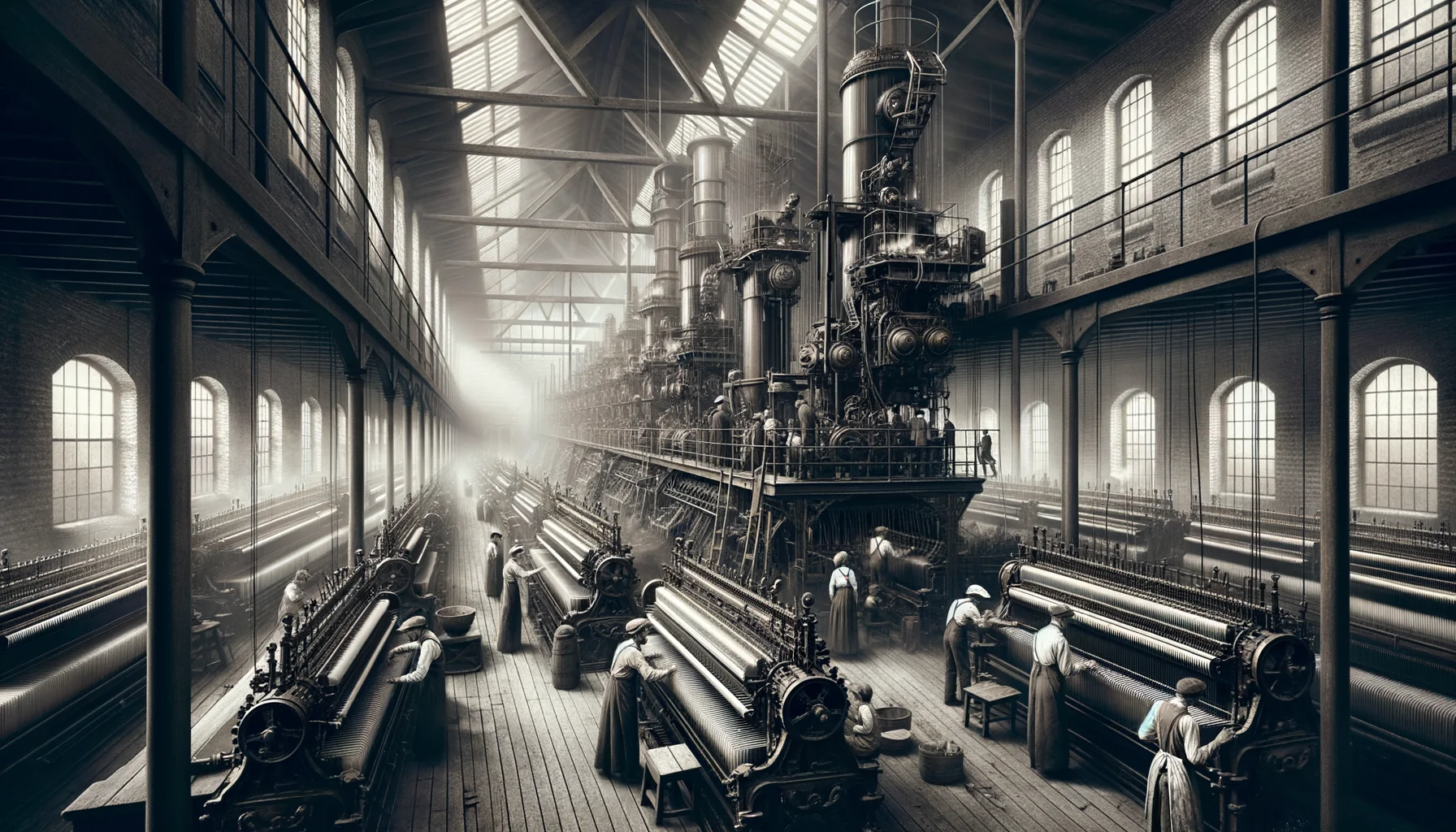 Intérieur d'une filature de coton victorienne avec machines à vapeur