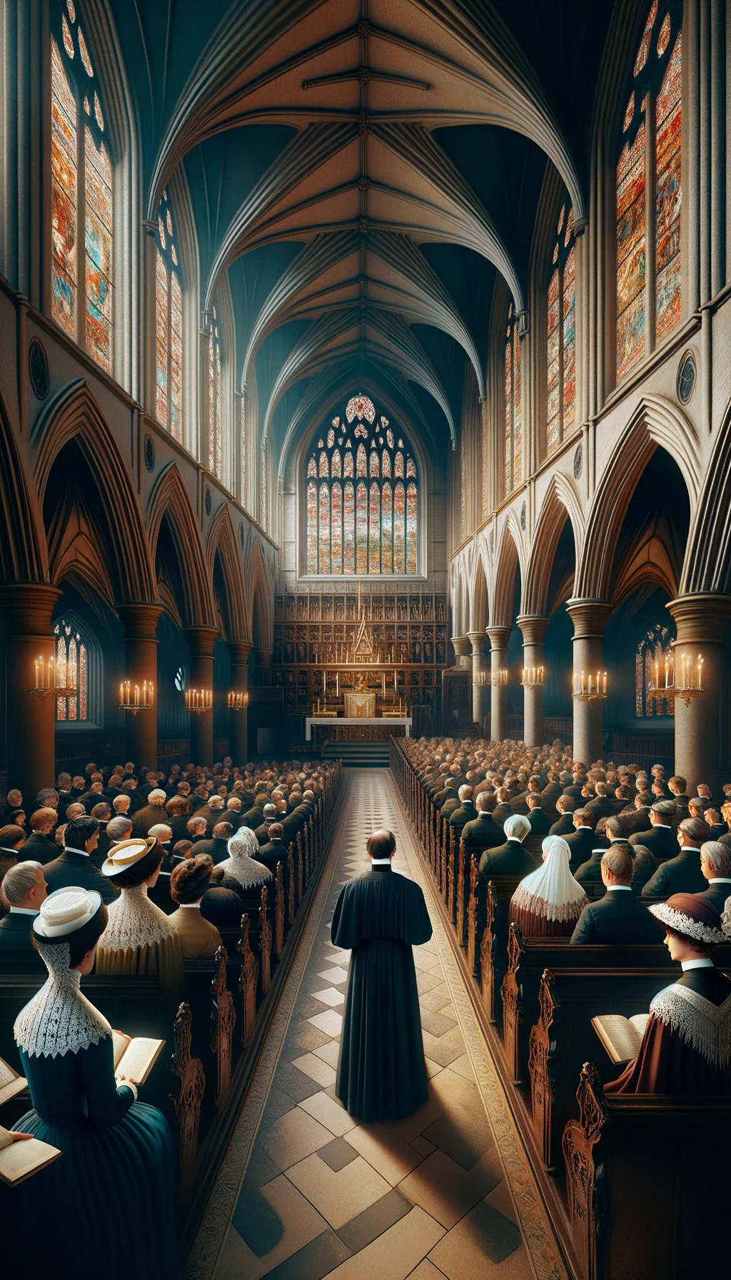 Office anglicane dans une église néo-gothique victorienne au XIXe siècle