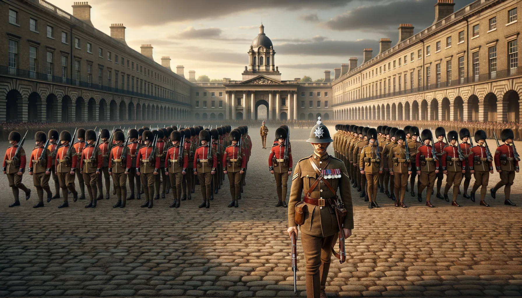 Parade militaire britannique à la Wellington Barracks avec tuniques rouges