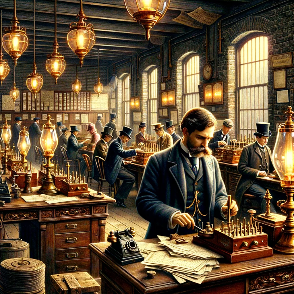 Bureau de télégraphe victorien avec opérateurs en redingote et appareils à clé