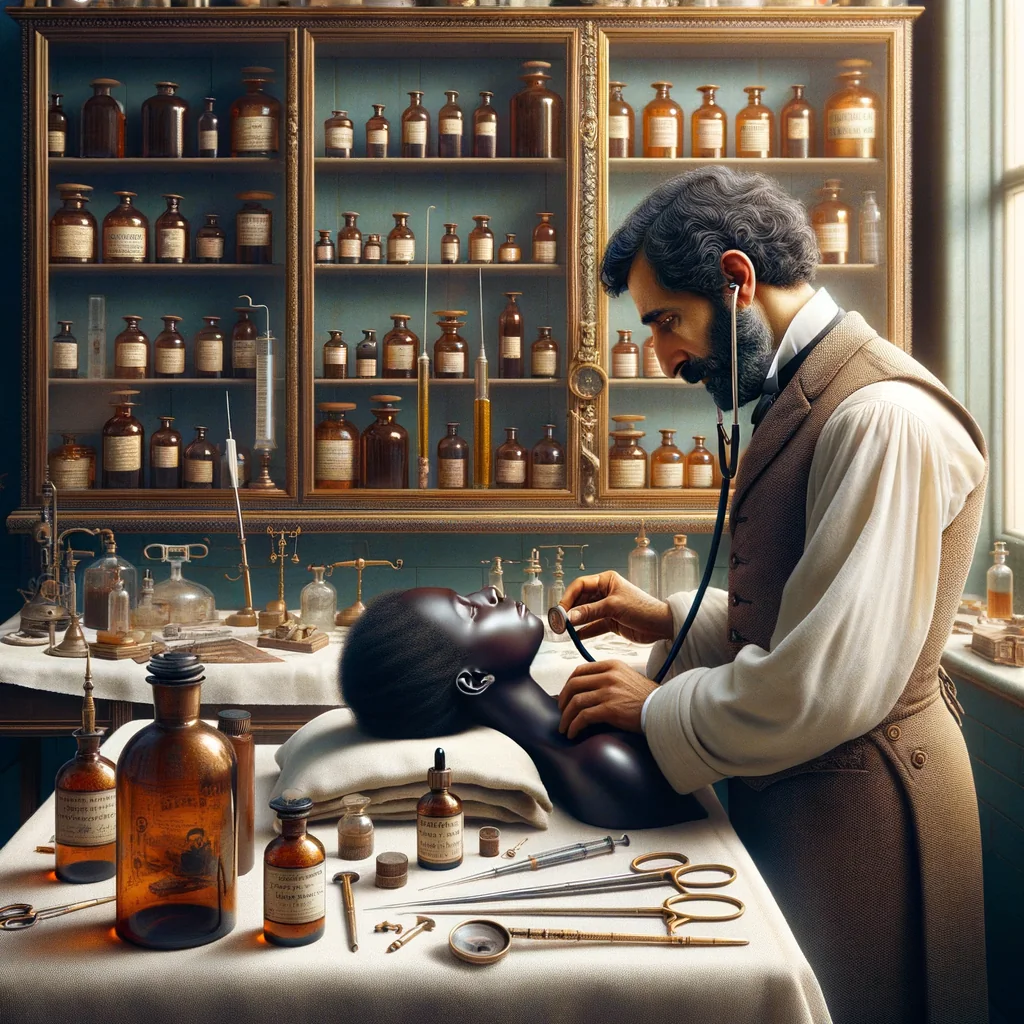 Cabinet médical victorien avec stéthoscope en bois, instruments chirurgicaux et fioles de remèdes