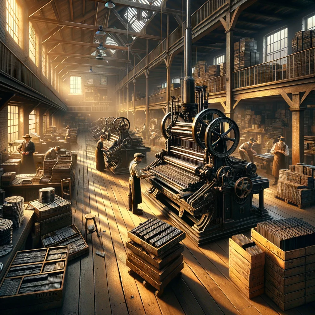 Atelier d'imprimerie victorien avec presse à vapeur et typographes composant des journaux