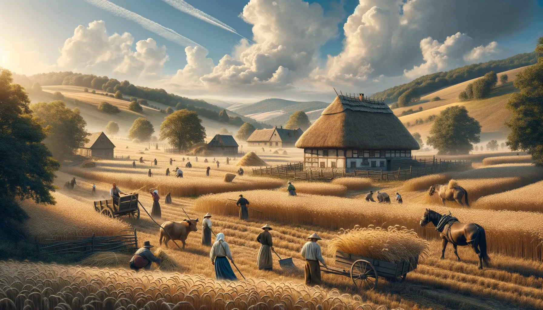 Paysage rural de Transylvanie pendant la moisson avec paysans et fermes traditionnelles