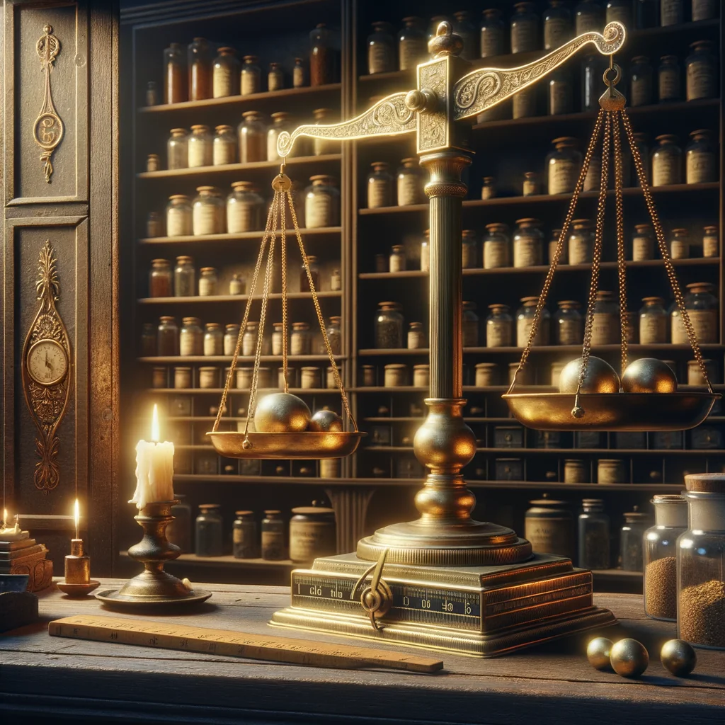 Apothicairerie victorienne avec balances en laiton, poids étalon et instruments de mesure