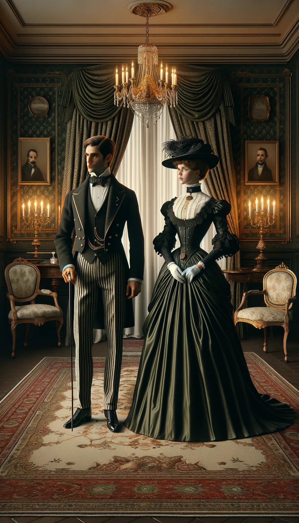 Portrait en pied de deux personnages, un masculin et un féminin, en costumes d'époque