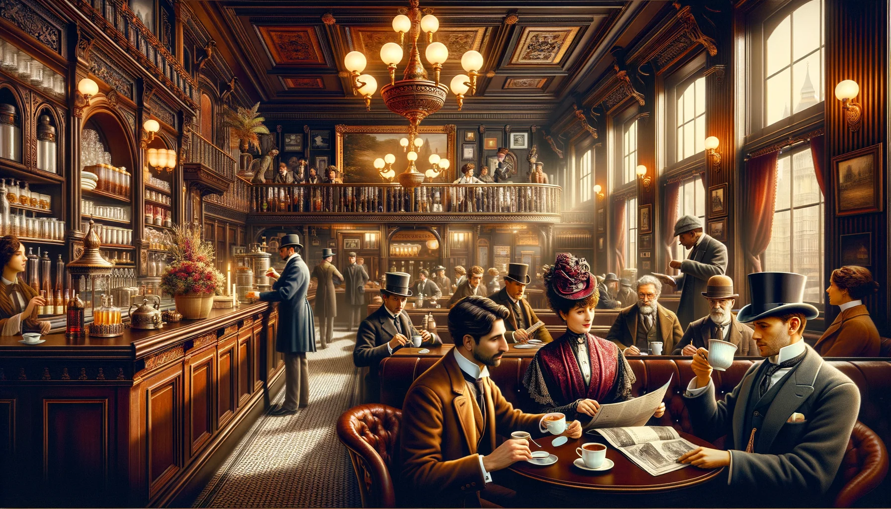 Intérieur animé d'un café ou d'une brasserie typique de l'époque