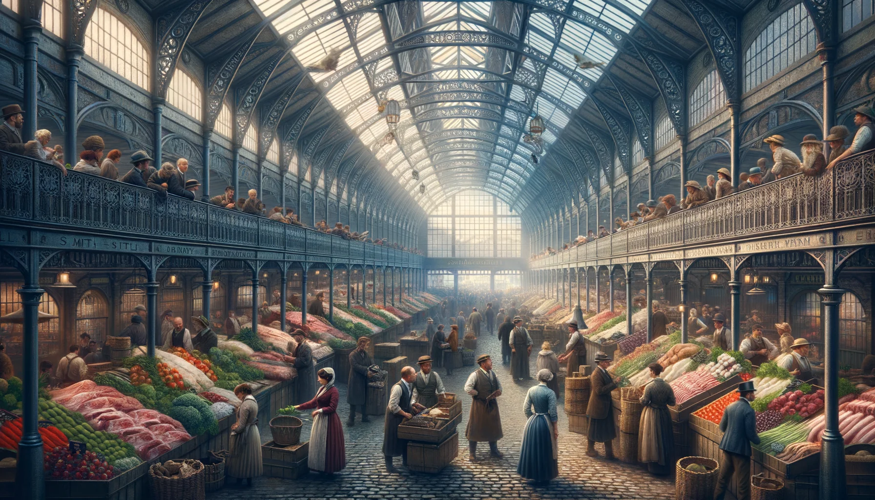 Scène animée d'un marché couvert ou d'une halle commerciale