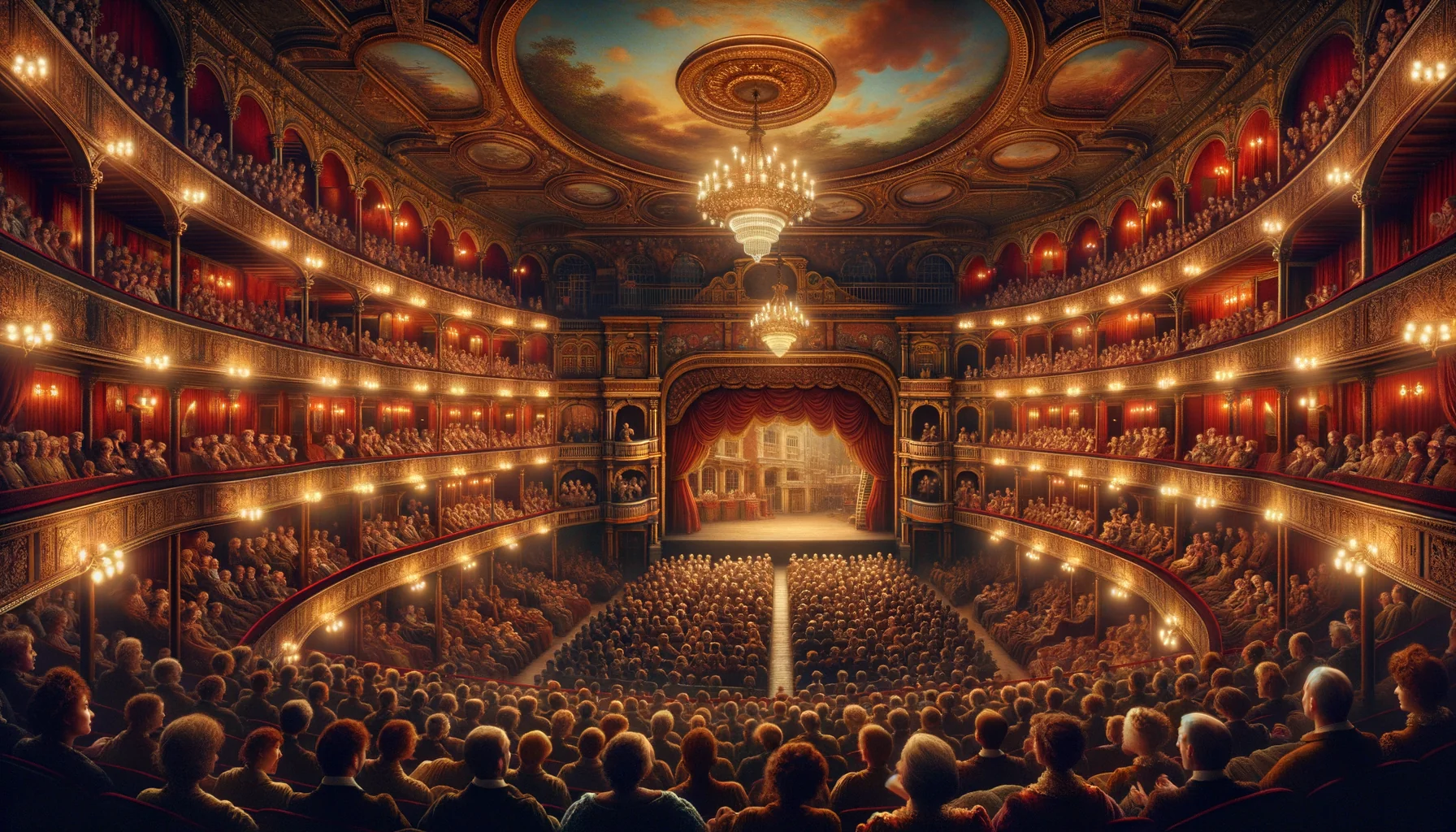 Intérieur d'une salle de théâtre avec son public et ses décors