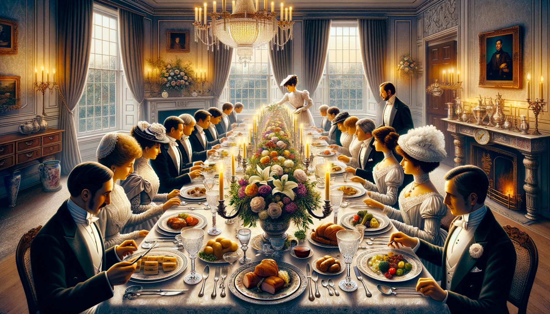 Un grand repas bourgeois : table somptueusement dressée, plats et convives