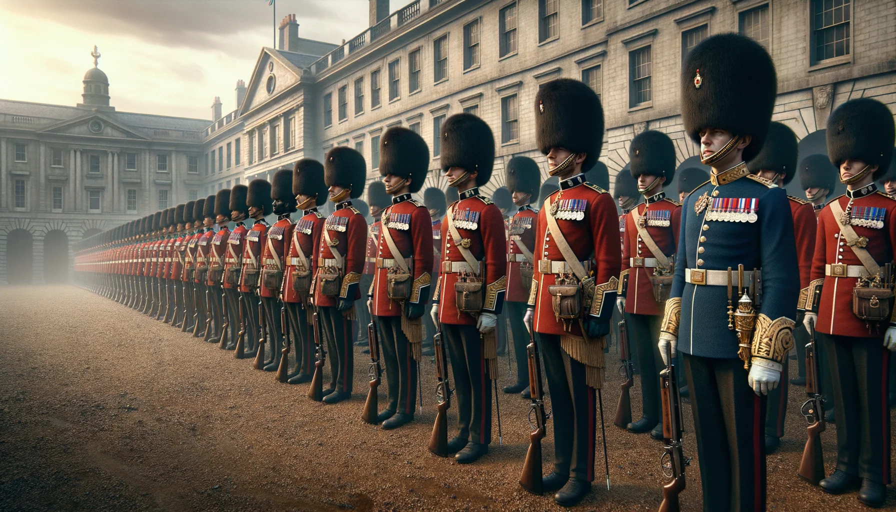 Soldats en uniformes d'époque : parade, caserne ou scène militaire
