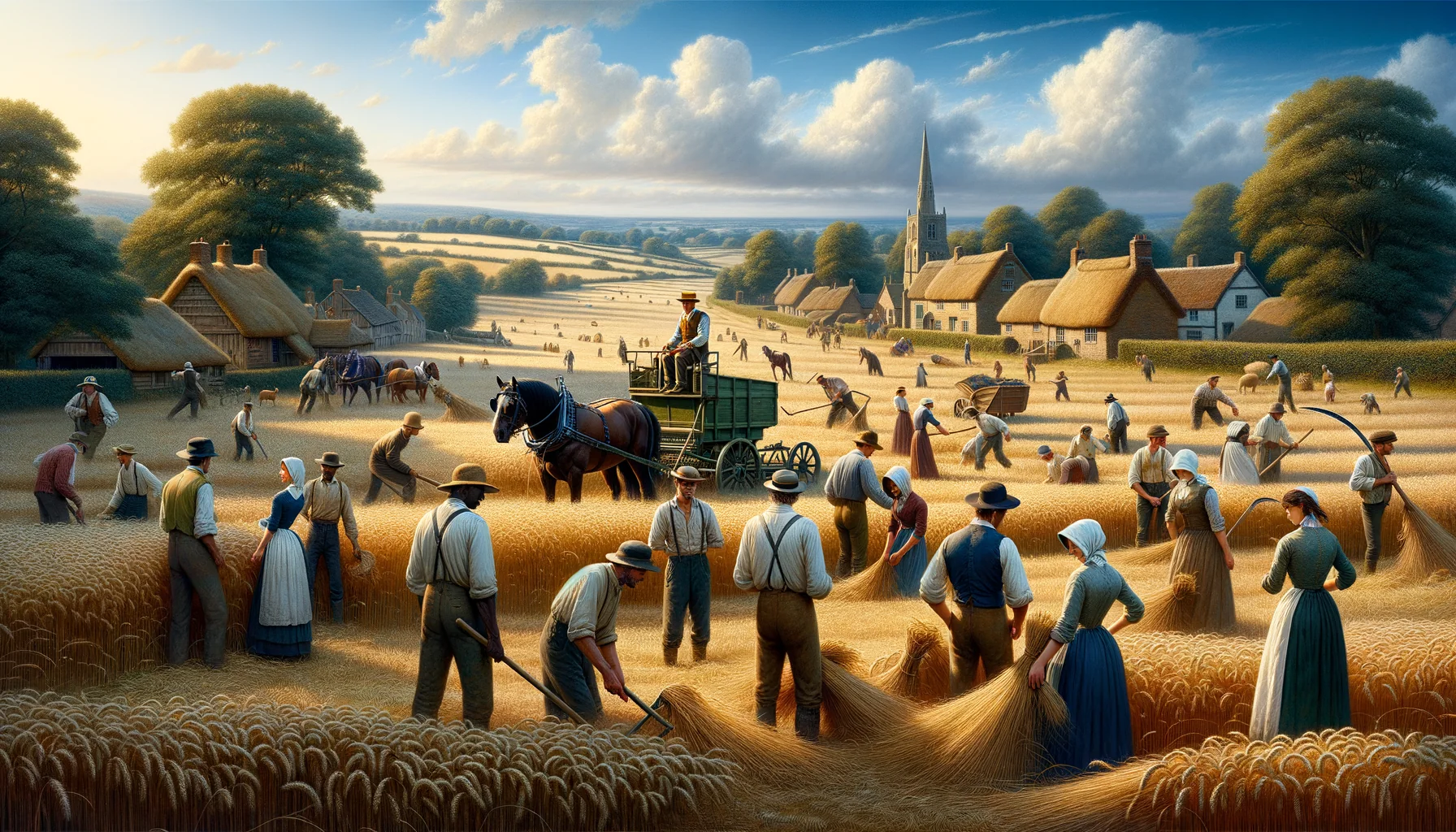 Paysage rural animé : moisson, ferme en activité, paysans au travail