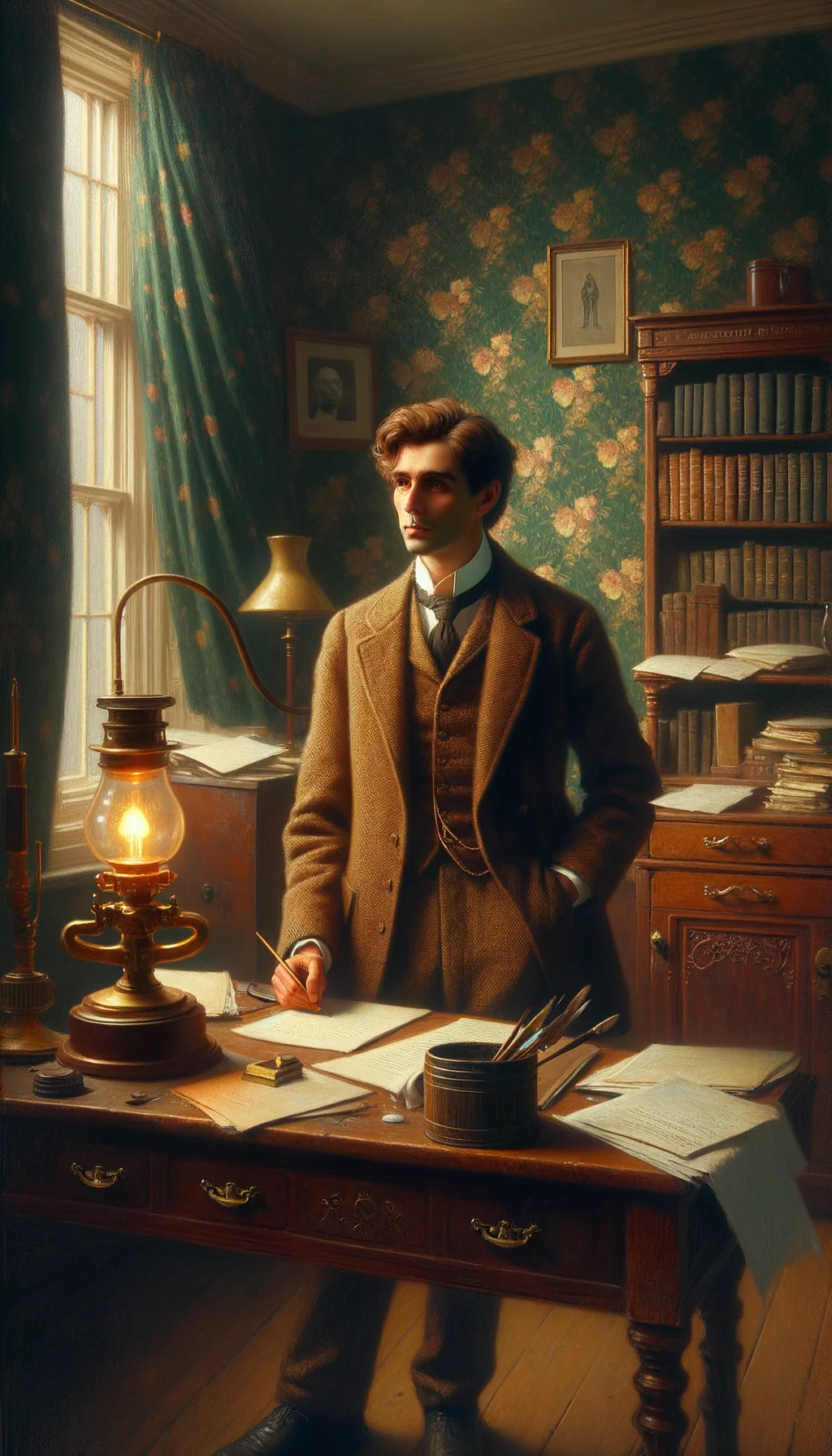 Portrait de l'auteur dans son environnement de travail et de vie à l'époque de l'écriture