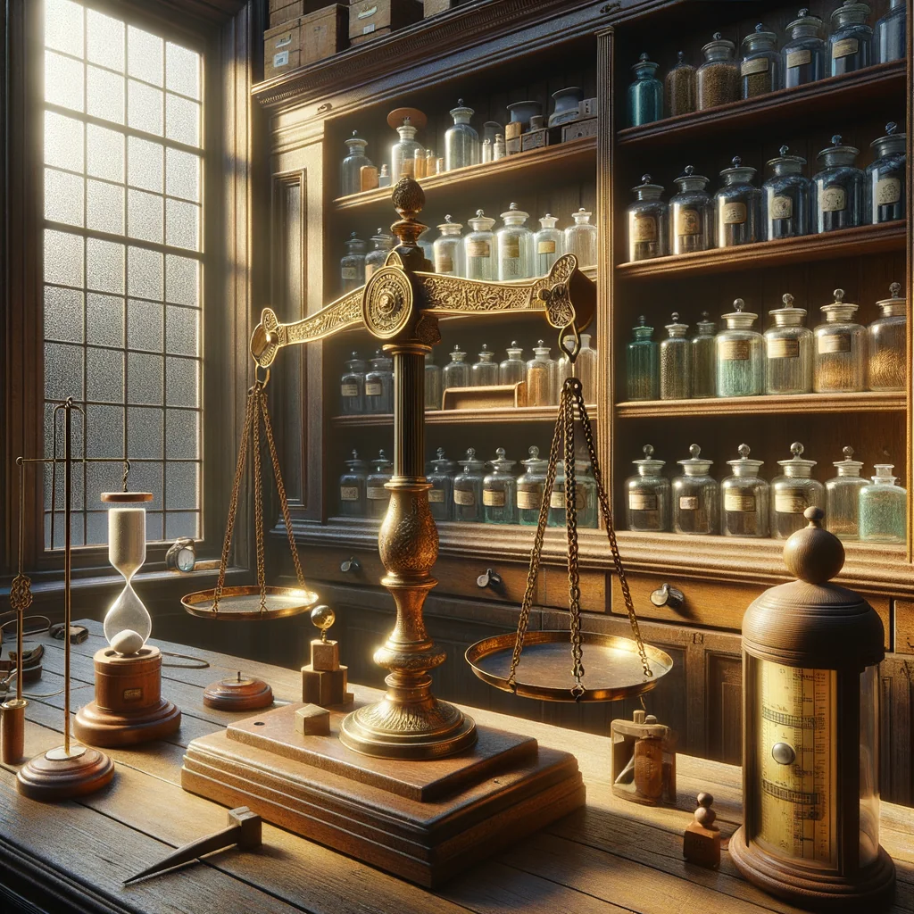 Instruments et unités de mesure de l'Angleterre victorienne : balances en laiton, étalons impériaux et thermomètres à alcool