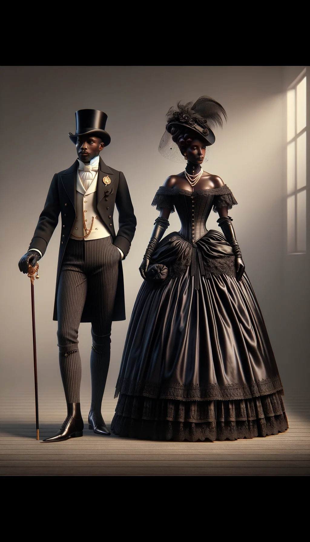 Portrait en pied de deux personnages, un masculin et un féminin, en costumes d'époque