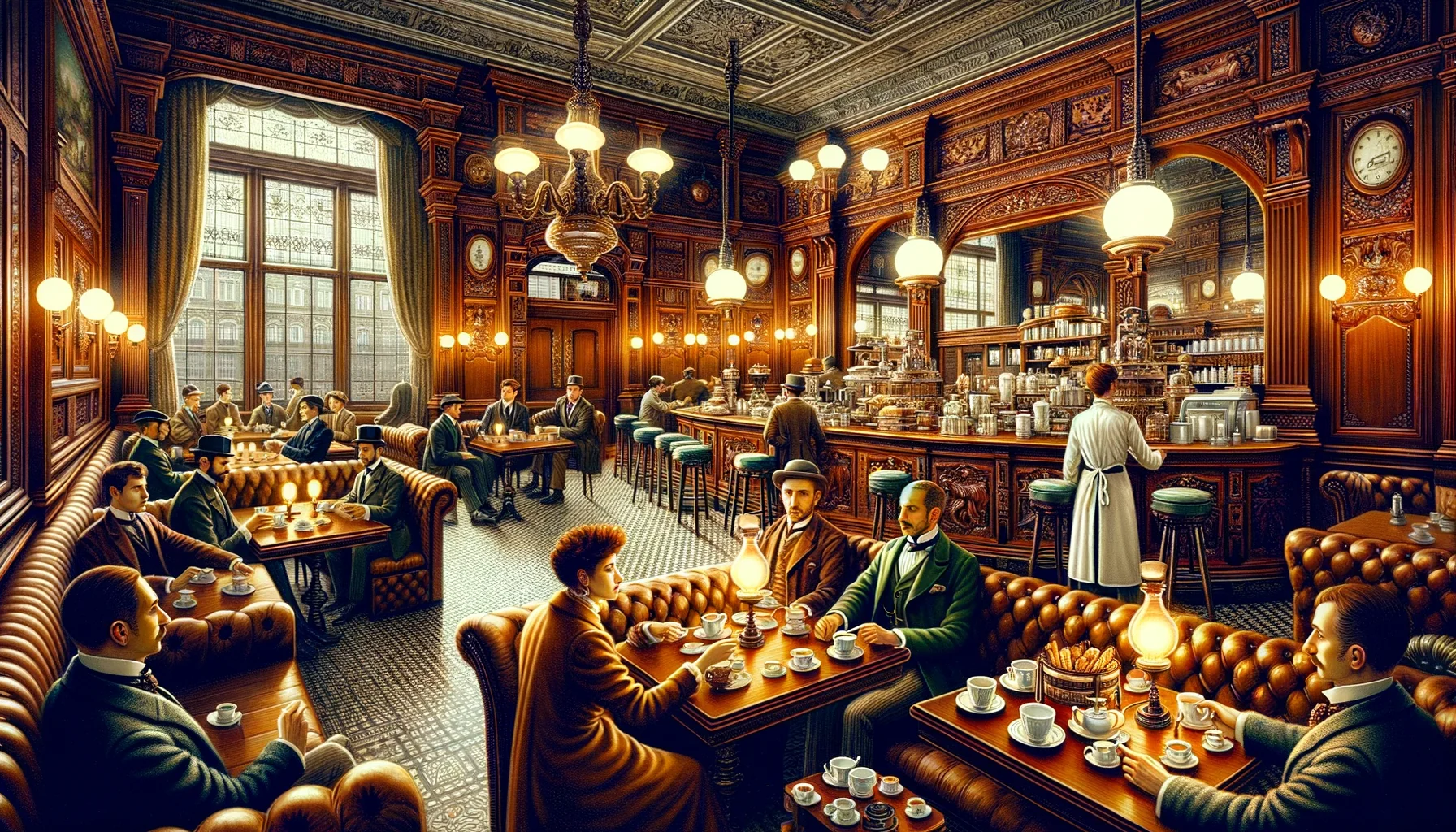 Intérieur animé d'un café ou d'une brasserie typique de l'époque