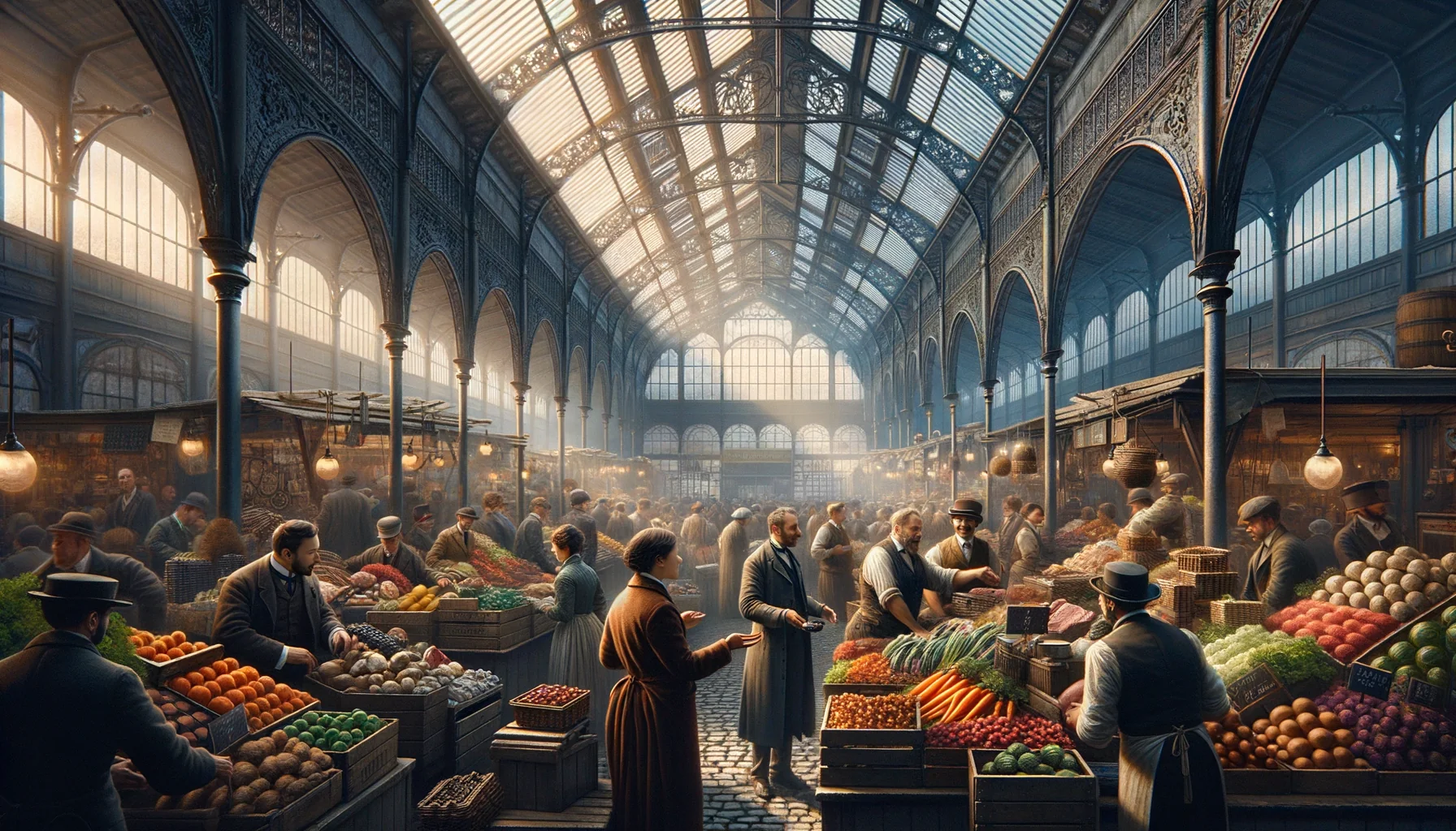 Scène animée d'un marché couvert ou d'une halle commerciale