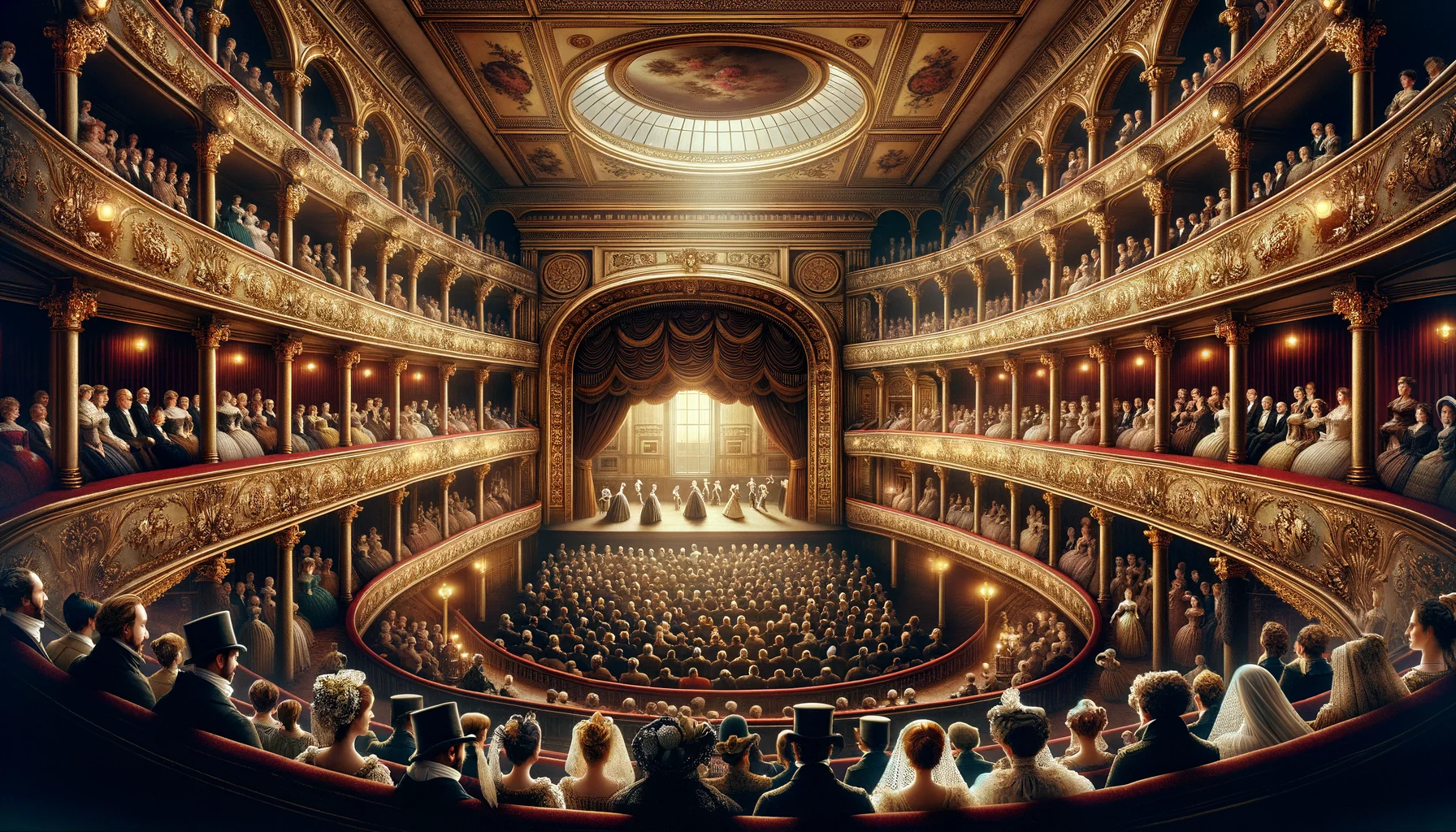 Intérieur d'une salle de théâtre avec son public et ses décors