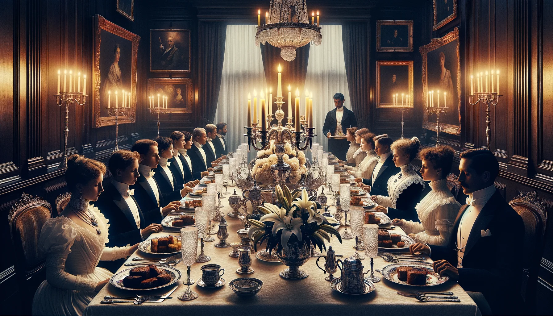 Un grand repas bourgeois : table somptueusement dressée, plats et convives