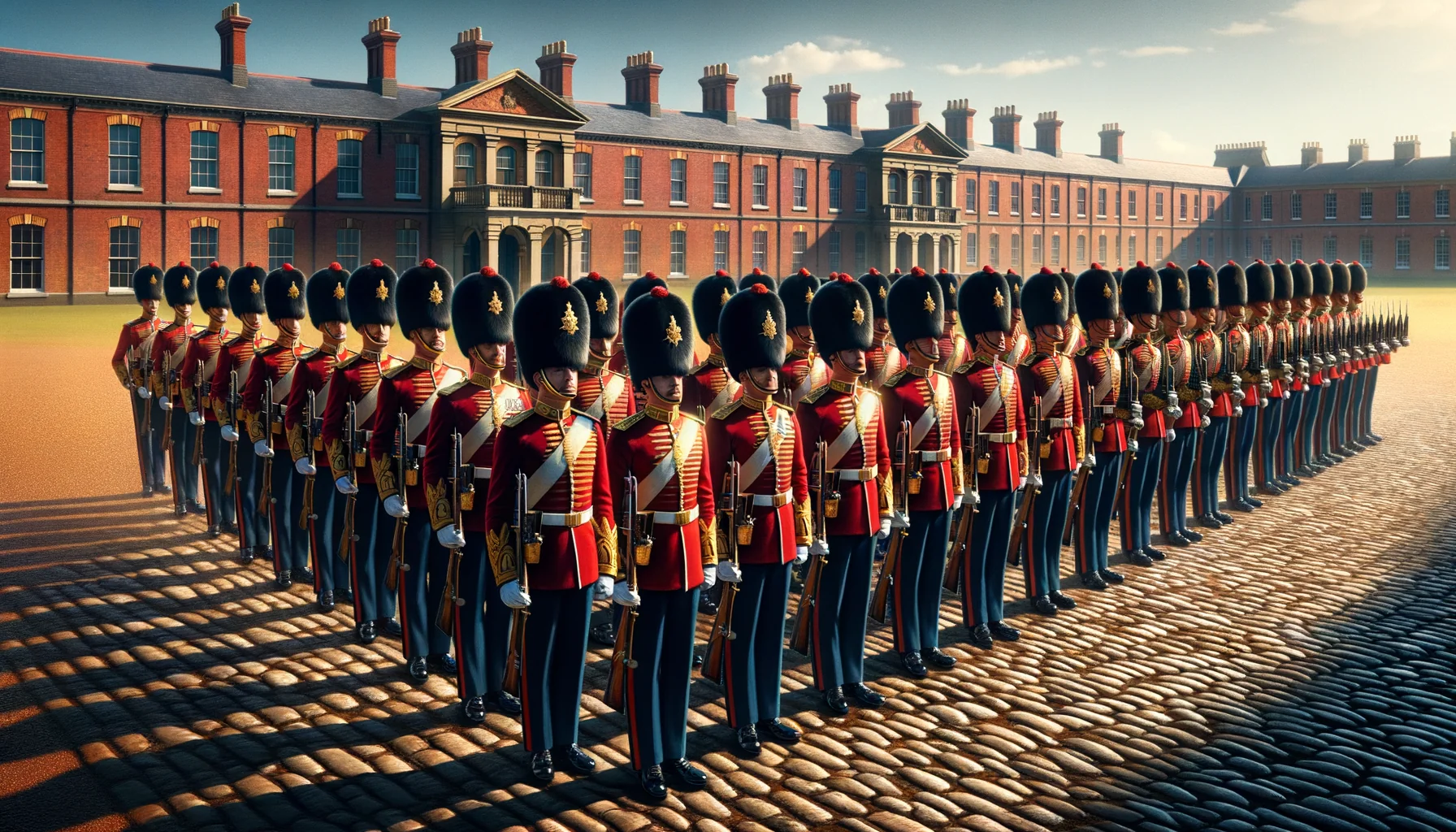 Soldats en uniformes d'époque : parade, caserne ou scène militaire