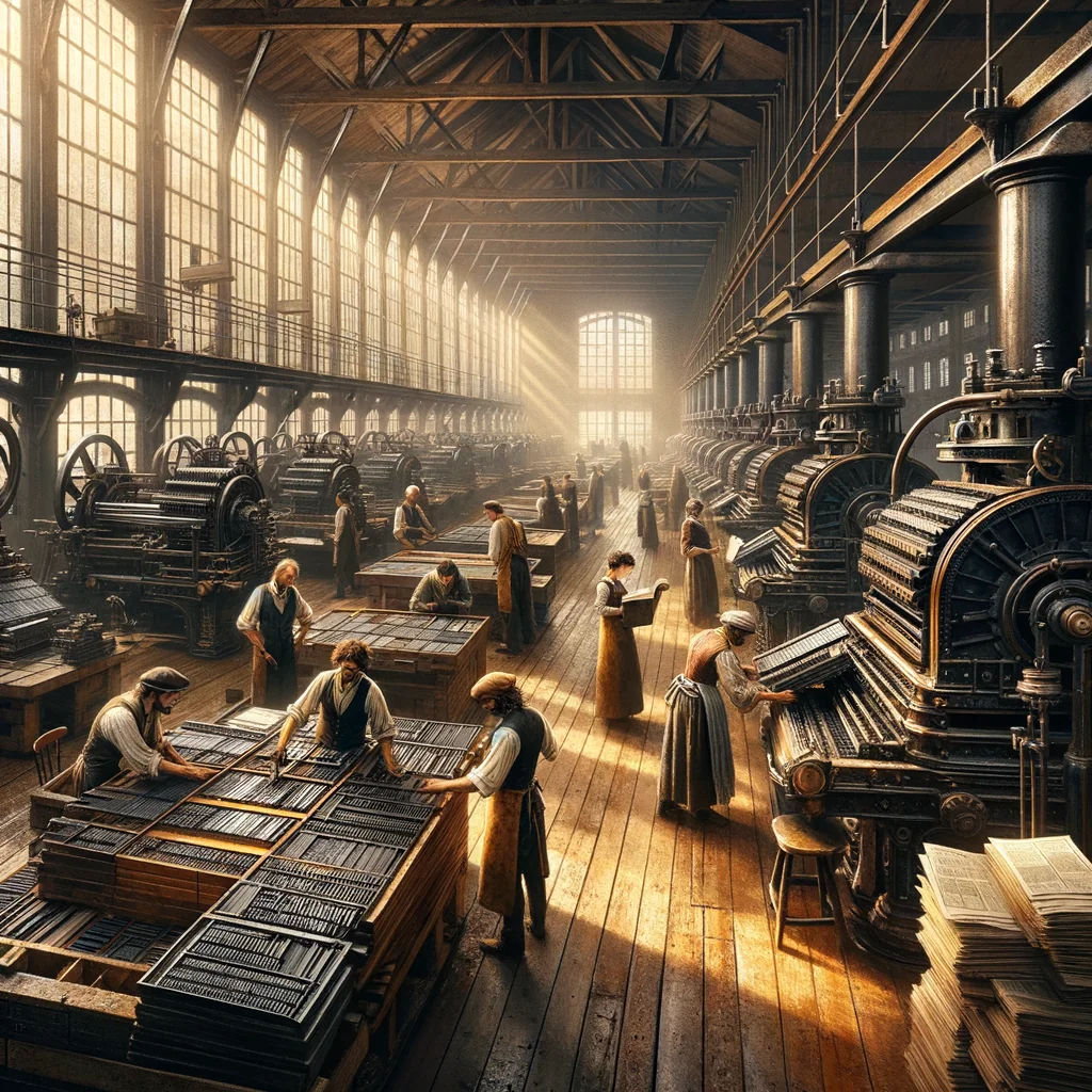 Représentation d'un journal typique de l'époque ou atelier d'imprimerie