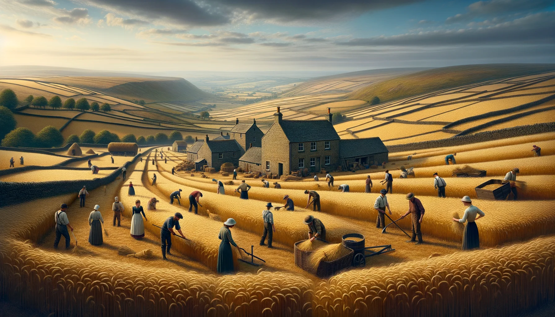 Paysage rural animé : moisson, ferme en activité, paysans au travail