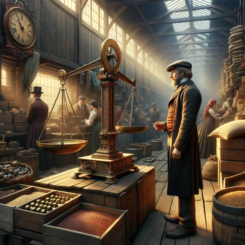 Instruments et unités de mesure de l'époque victorienne : balances à plateaux, toises et étalons de mesure en laiton